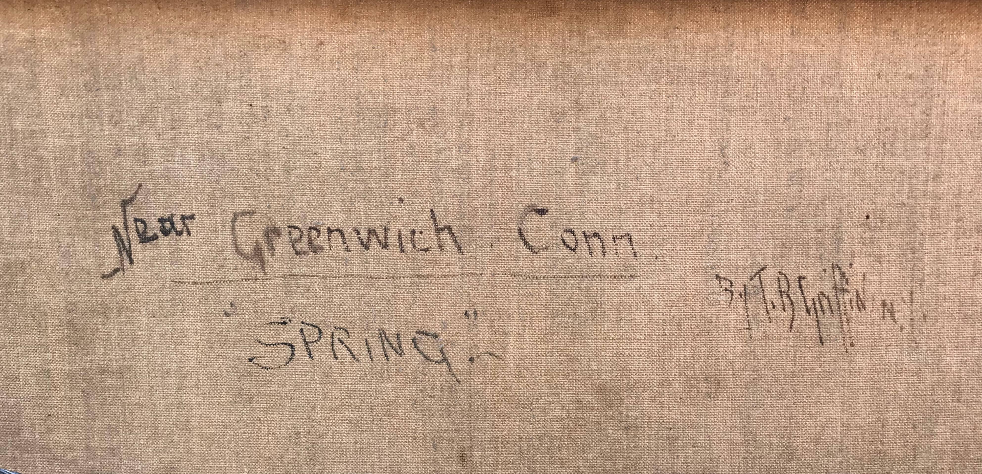 Here for your consideration is a beautiful oil and canvas Hudson River School painting by Thomas Bailey Griffin.  Signed lower left. Titled verso “Spring” with the location “near Greenwich, Connecticut”.  Signed verso as well. Circa 1885. Condition: