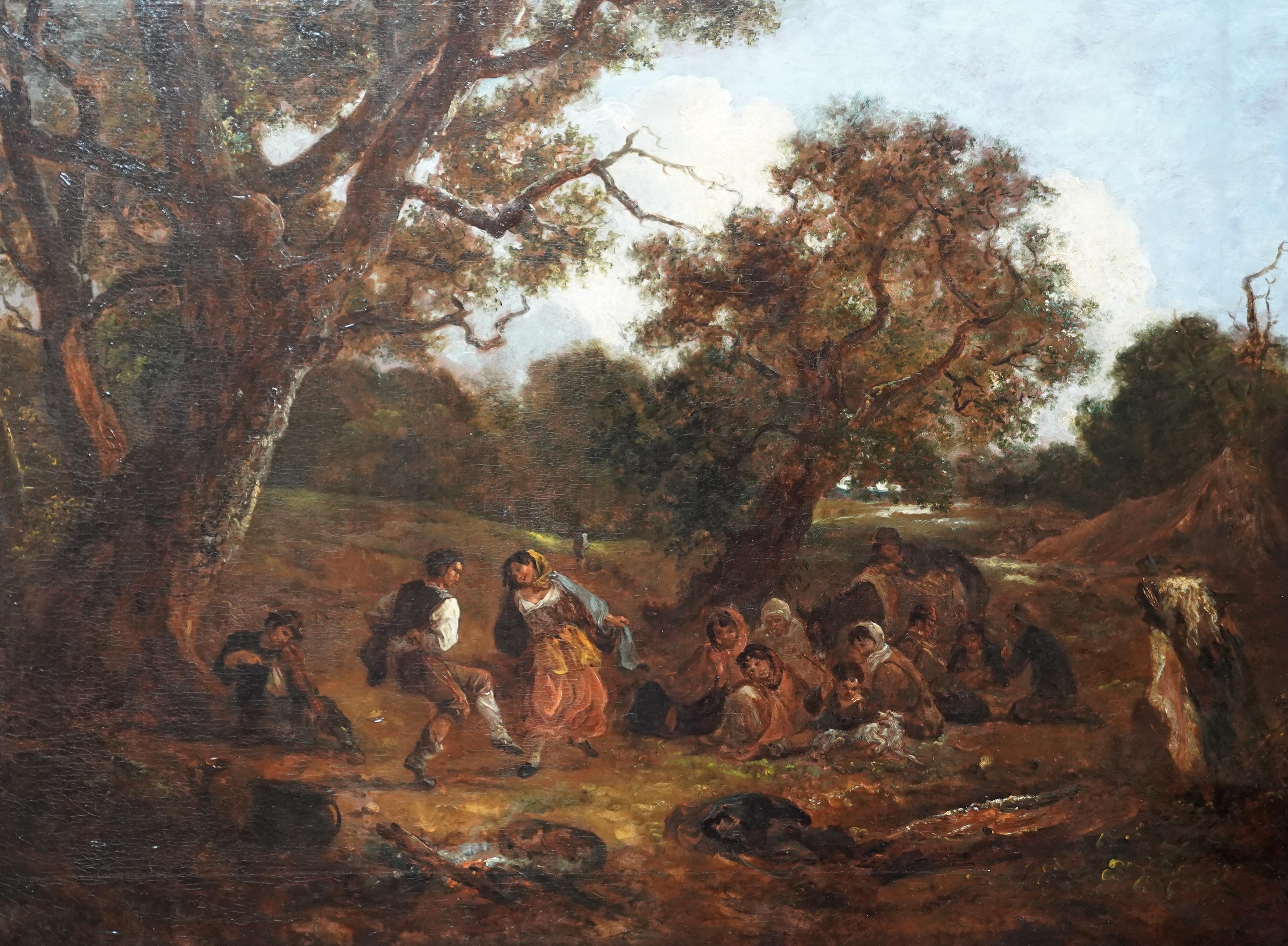Dancers in a Landscape - British 19thC art figurative landscape oil painting - Old Masters Painting by Thomas Baker of Bath