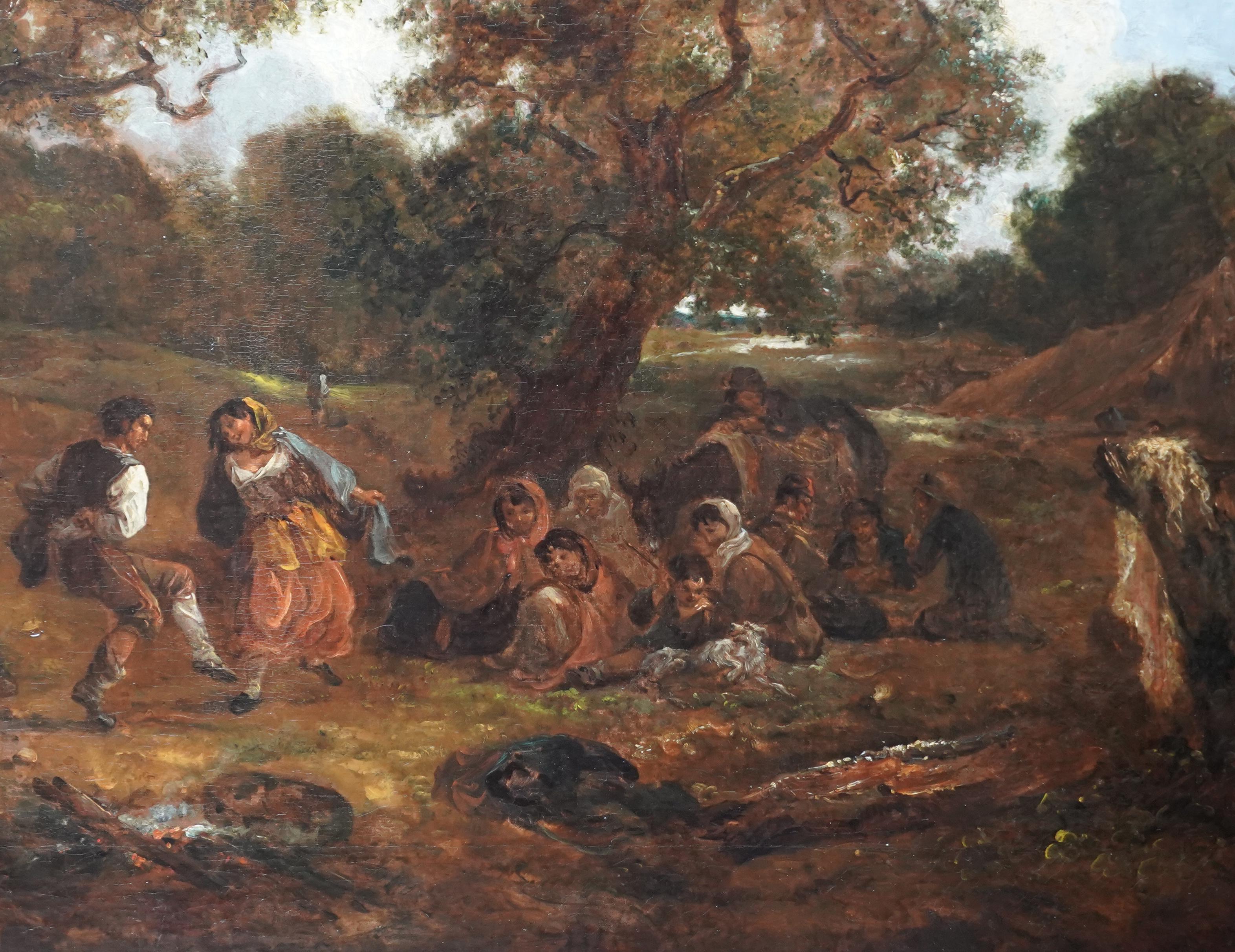 Dancers in a Landscape - British 19thC art figurative landscape oil painting For Sale 1