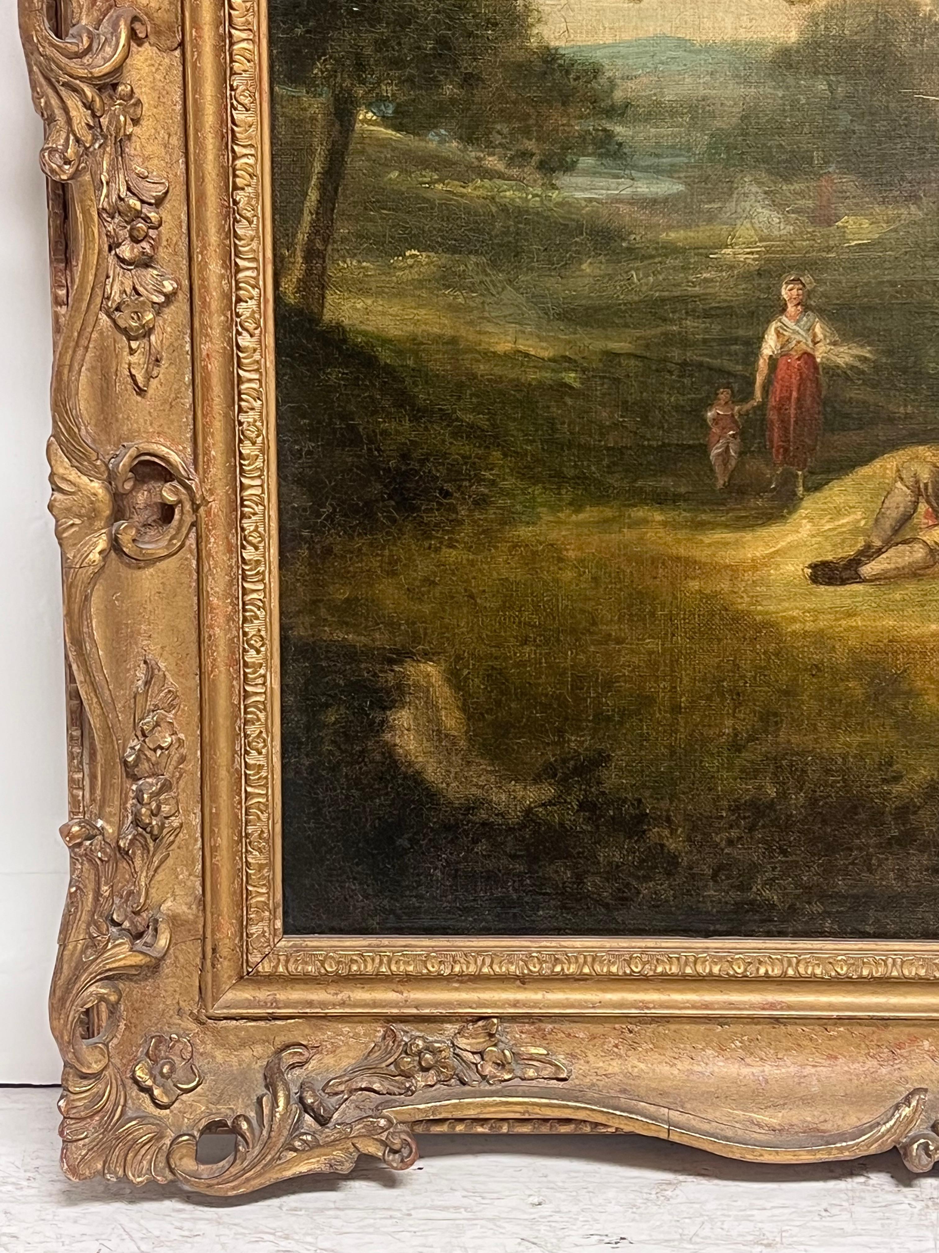Fine Georgian English Oil Painting Travellers in Wooded Rural Landscape Framed For Sale 7