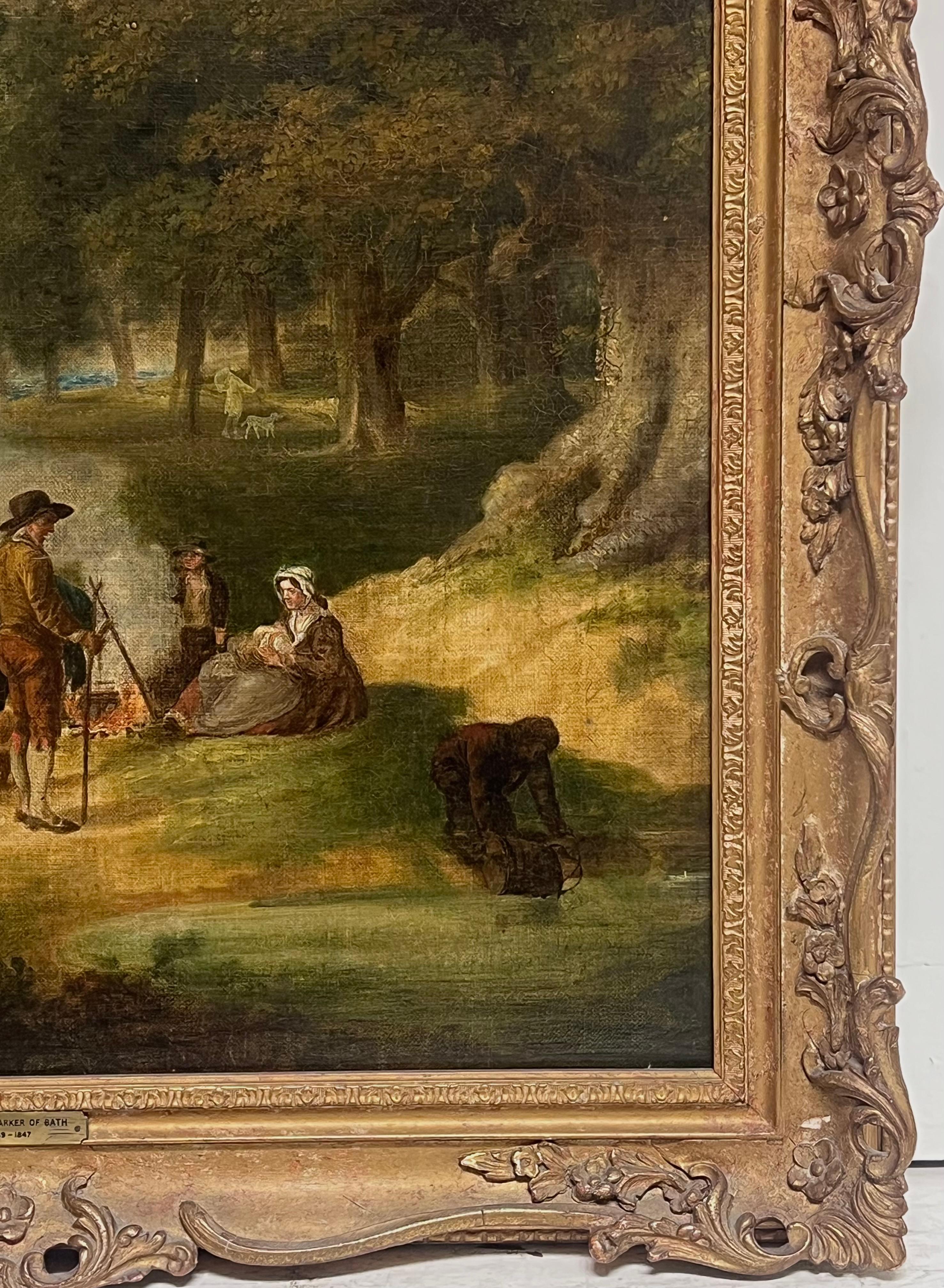 Fine Georgian English Oil Painting Travellers in Wooded Rural Landscape Framed For Sale 8