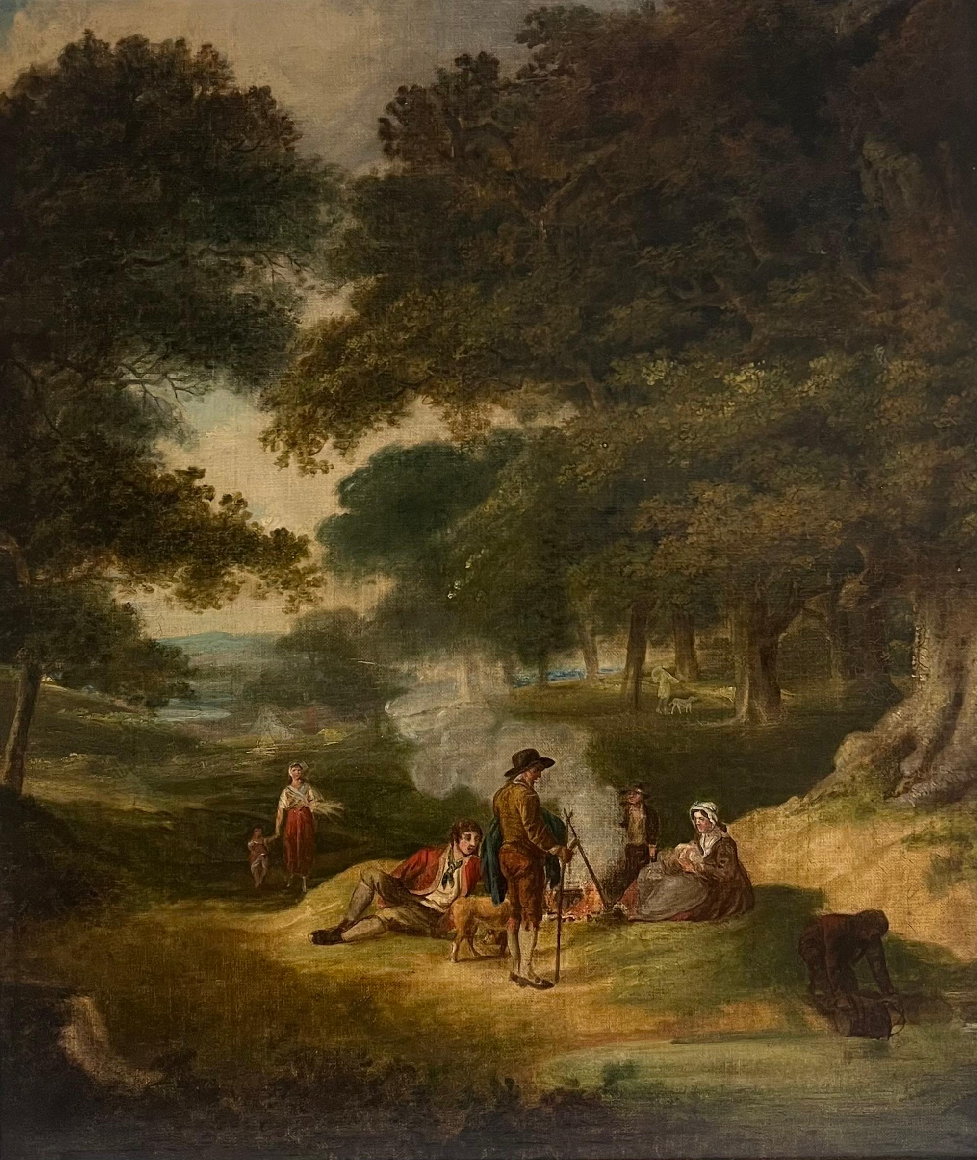 Fine Georgian English Oil Painting Travellers in Wooded Rural Landscape Framed - Brown Figurative Painting by Thomas Baker of Bath