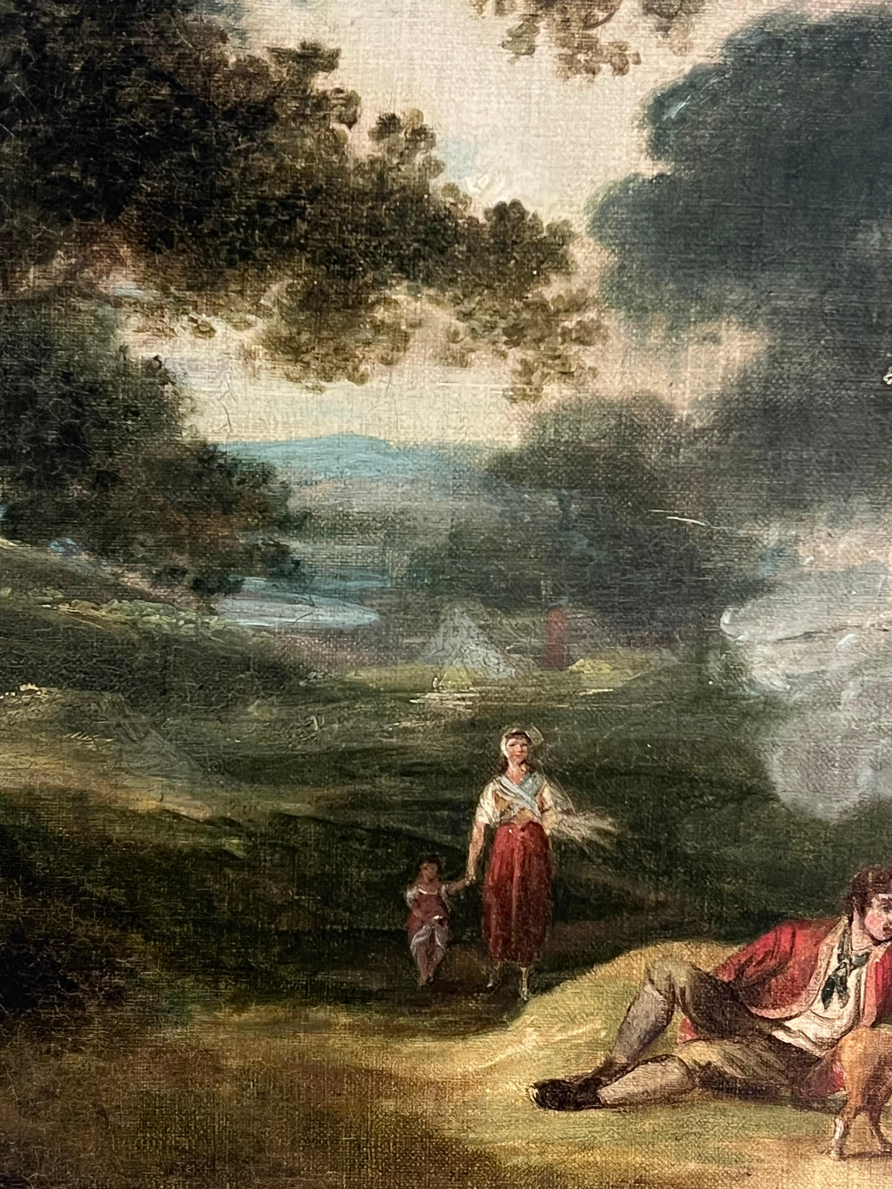 Fine Georgian English Oil Painting Travellers in Wooded Rural Landscape Framed For Sale 1