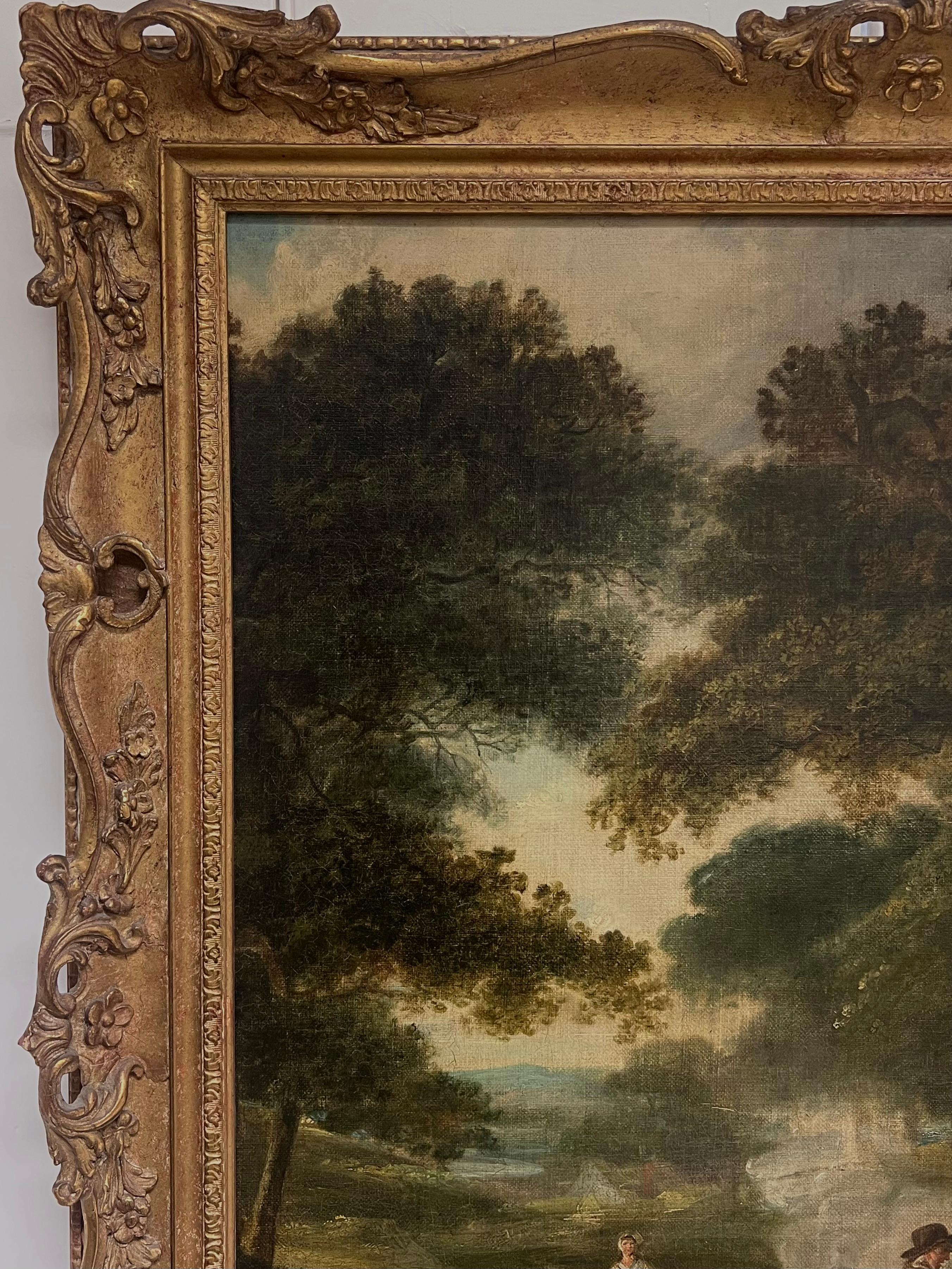 Fine Georgian English Oil Painting Travellers in Wooded Rural Landscape Framed For Sale 2
