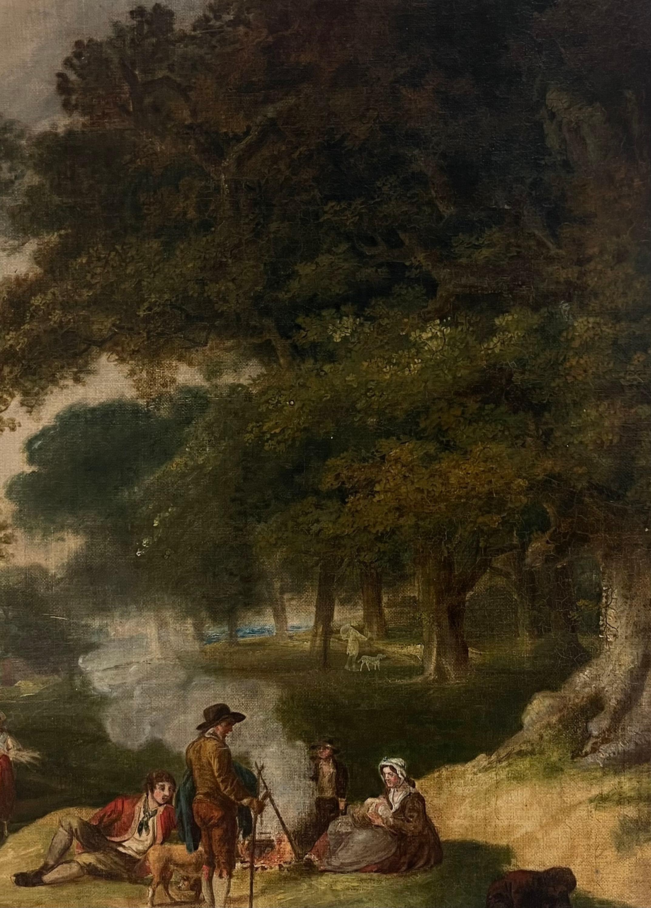Fine Georgian English Oil Painting Travellers in Wooded Rural Landscape Framed For Sale 3