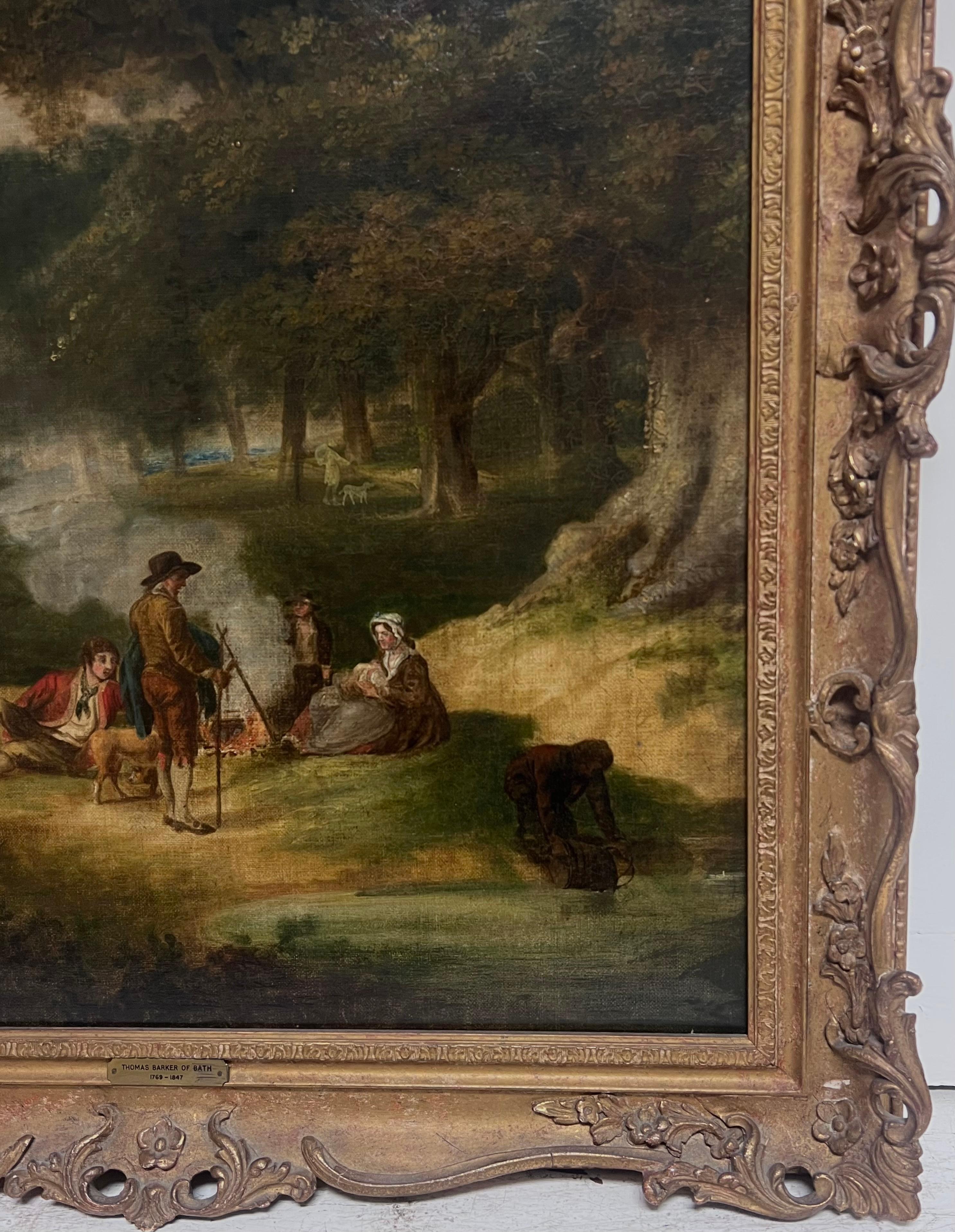 Fine Georgian English Oil Painting Travellers in Wooded Rural Landscape Framed For Sale 4