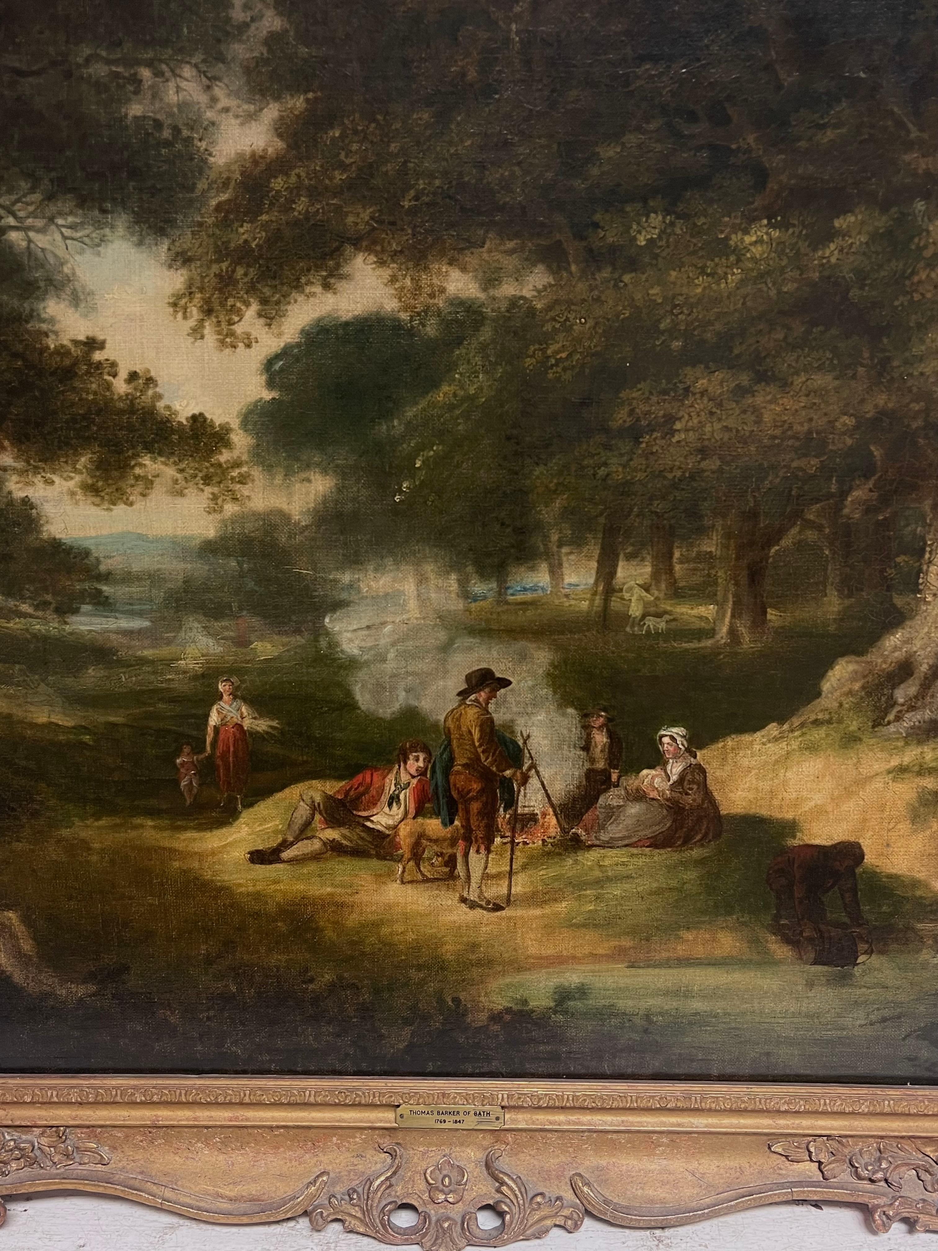 Fine Georgian English Oil Painting Travellers in Wooded Rural Landscape Framed For Sale 5