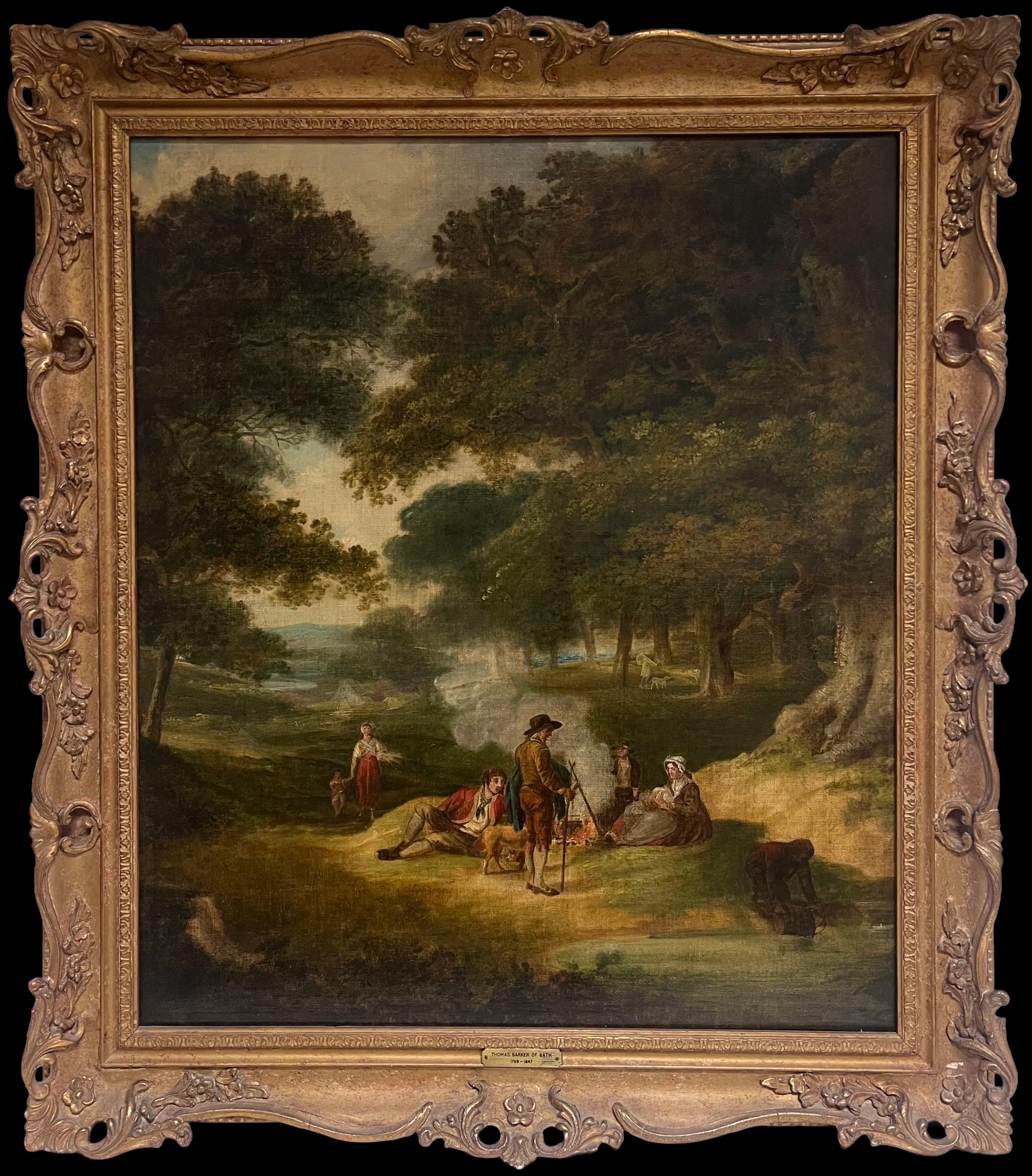 Thomas Baker of Bath Figurative Painting - Fine Georgian English Oil Painting Travellers in Wooded Rural Landscape Framed