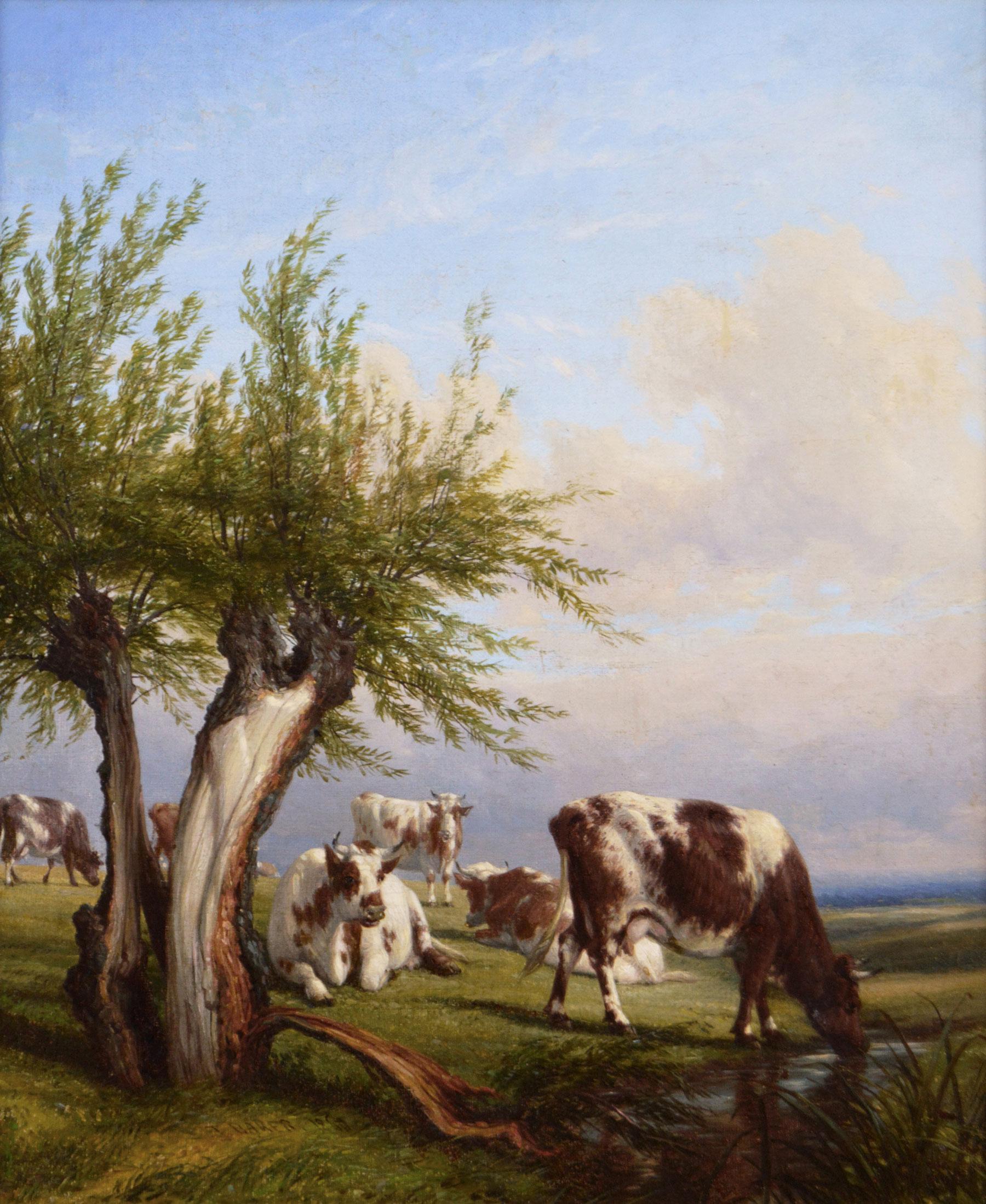 Peinture à l'huile de paysage du 19e siècle représentant du bétail - Painting de Thomas Baker of Leamington