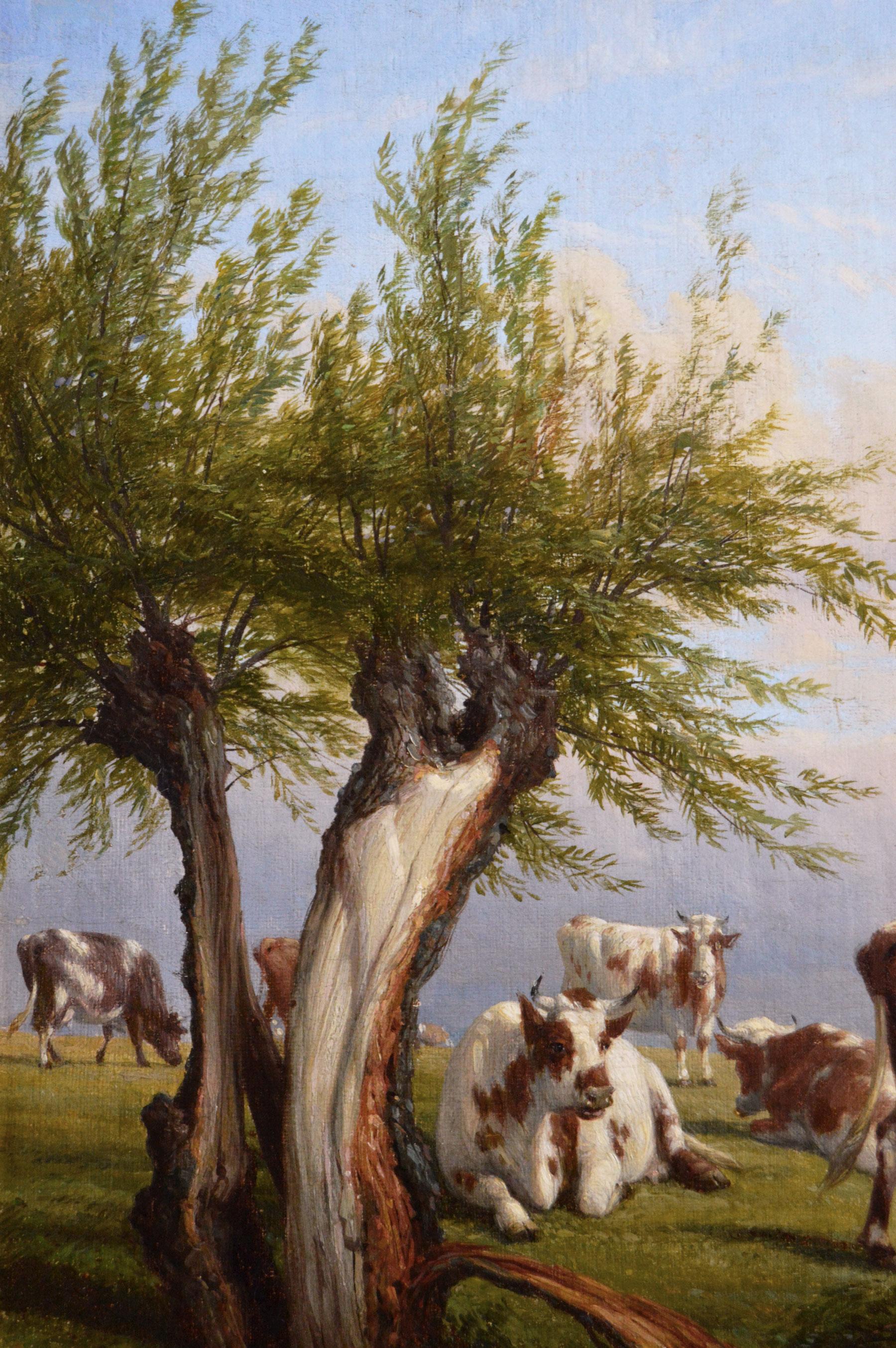 Peinture à l'huile de paysage du 19e siècle représentant du bétail - Victorien Painting par Thomas Baker of Leamington