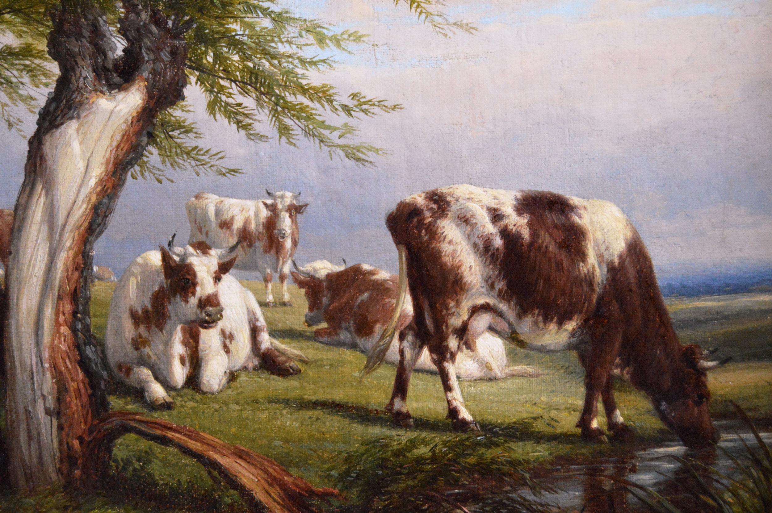 Peinture à l'huile de paysage du 19e siècle représentant du bétail - Marron Landscape Painting par Thomas Baker of Leamington