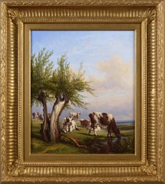 19th Century landscape oil painting of cattle