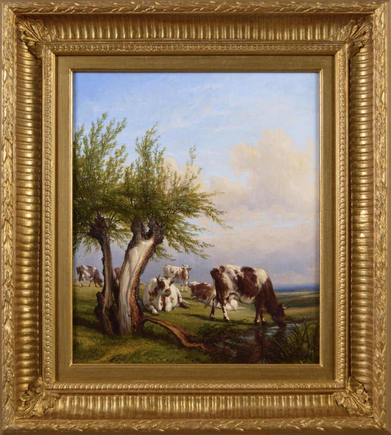 Thomas Baker of Leamington Landscape Painting - 19th Century landscape oil painting of cattle