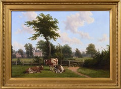 19th Century landscape oil painting of cattle near a church