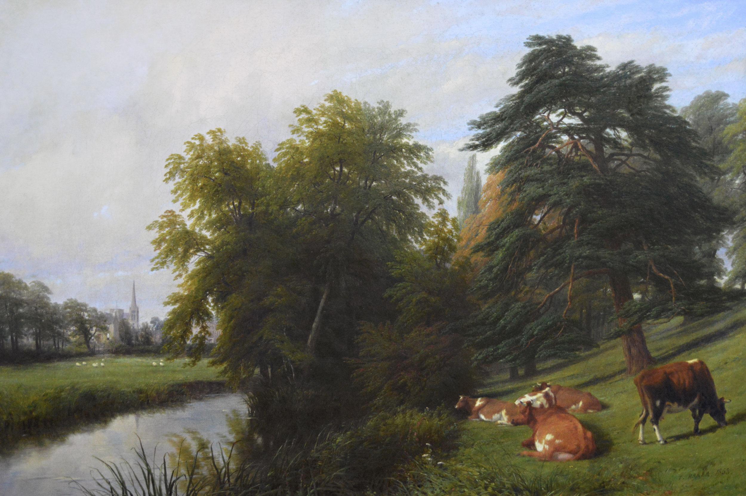 Paisaje al óleo del siglo XIX de ganado junto al río Leam - Painting de Thomas Baker of Leamington
