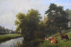19th Century landscape oil painting of cattle next to the River Leam