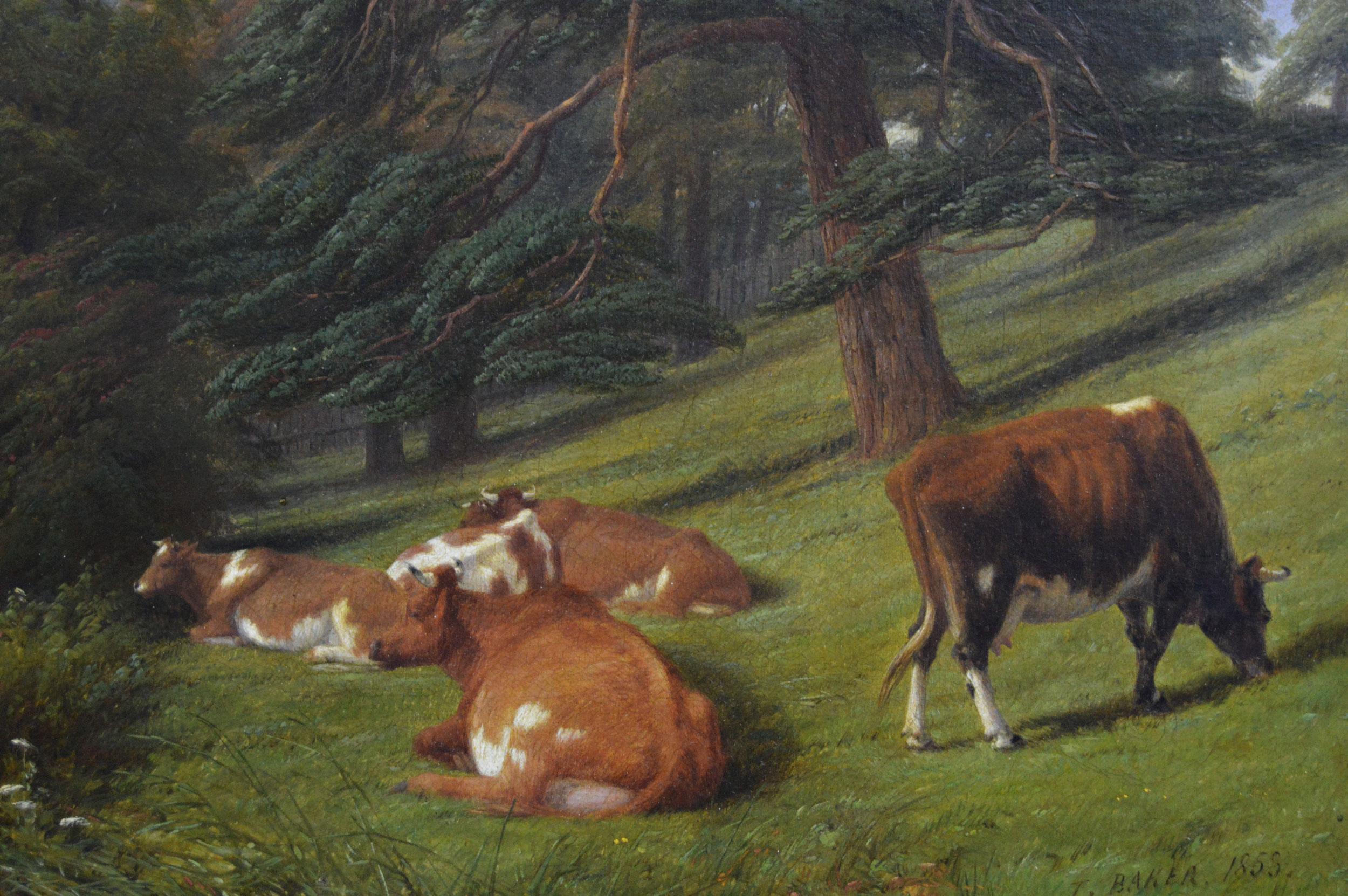 Paisaje al óleo del siglo XIX de ganado junto al río Leam - Painting Victoriano de Thomas Baker of Leamington