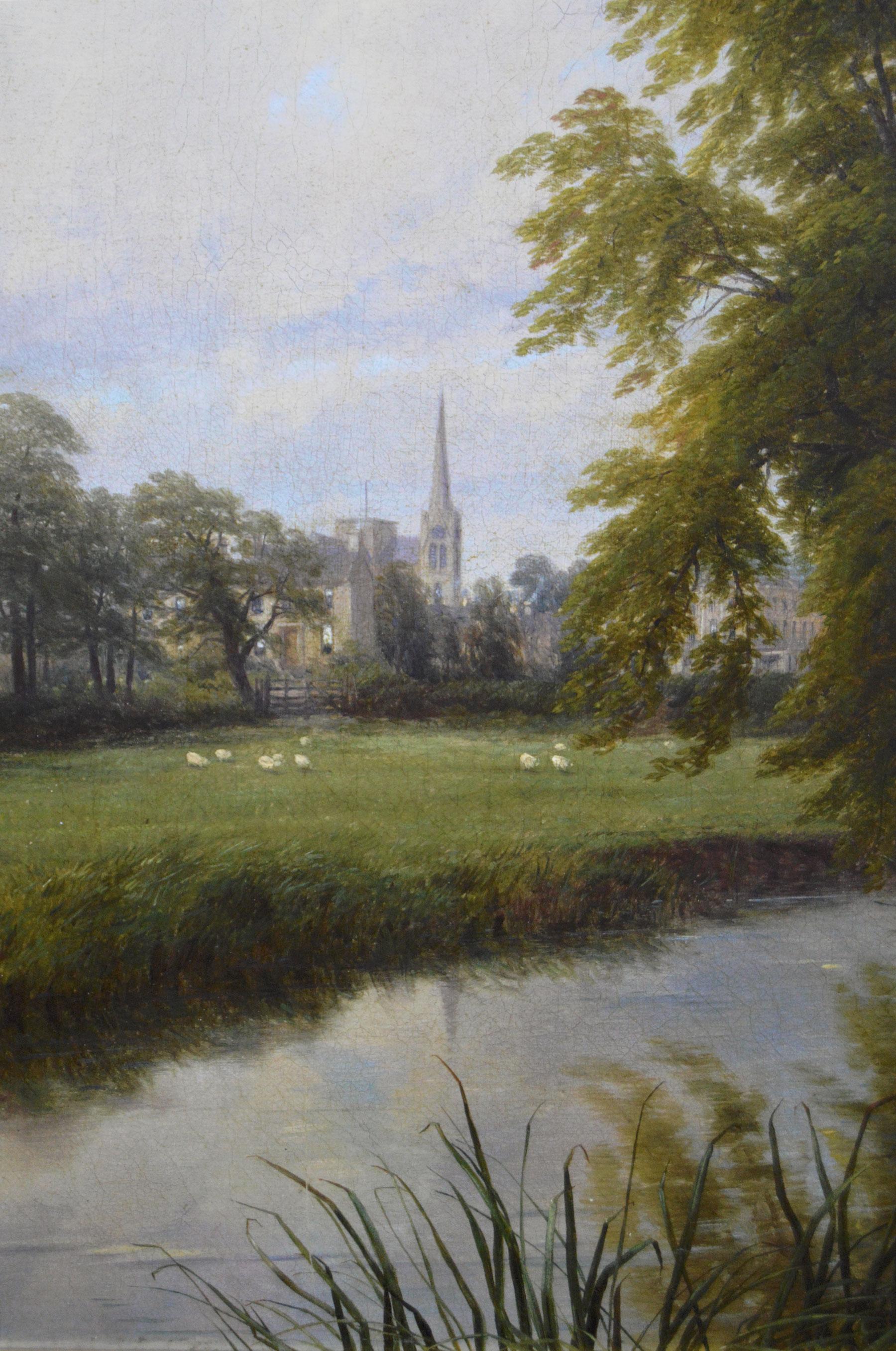 Paisaje al óleo del siglo XIX de ganado junto al río Leam - Landscape Painting Marrón de Thomas Baker of Leamington