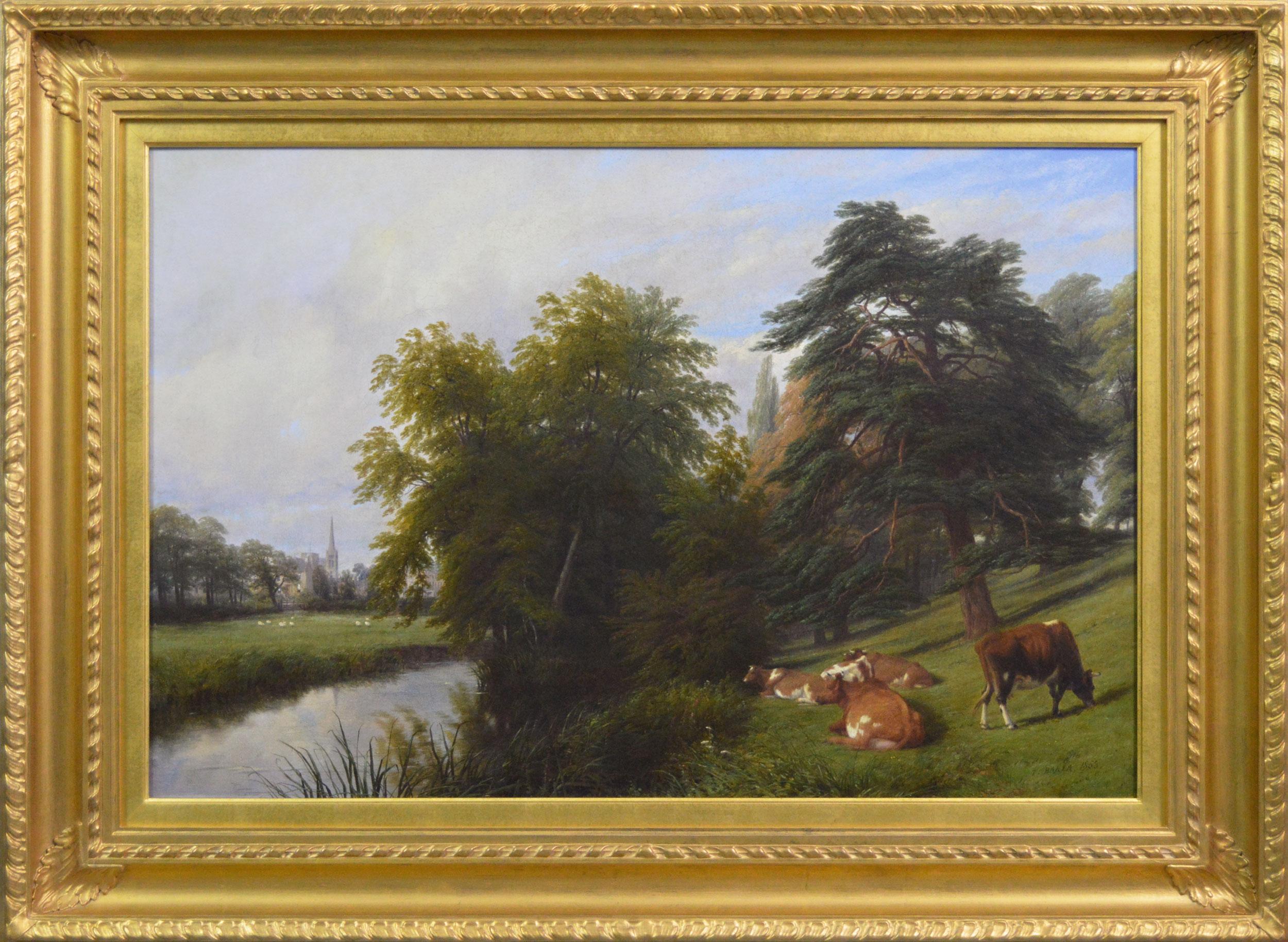 Landscape Painting de Thomas Baker of Leamington - Paisaje al óleo del siglo XIX de ganado junto al río Leam