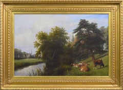 Peinture à l'huile de paysage du 19e siècle représentant du bétail près de la rivière Leam