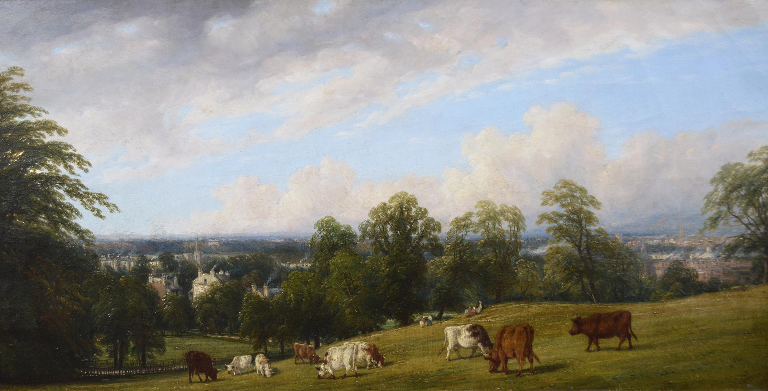 Peinture à l'huile du 19e siècle représentant un paysage à l'huile représentant du bétail sur une colline - Painting de Thomas Baker of Leamington