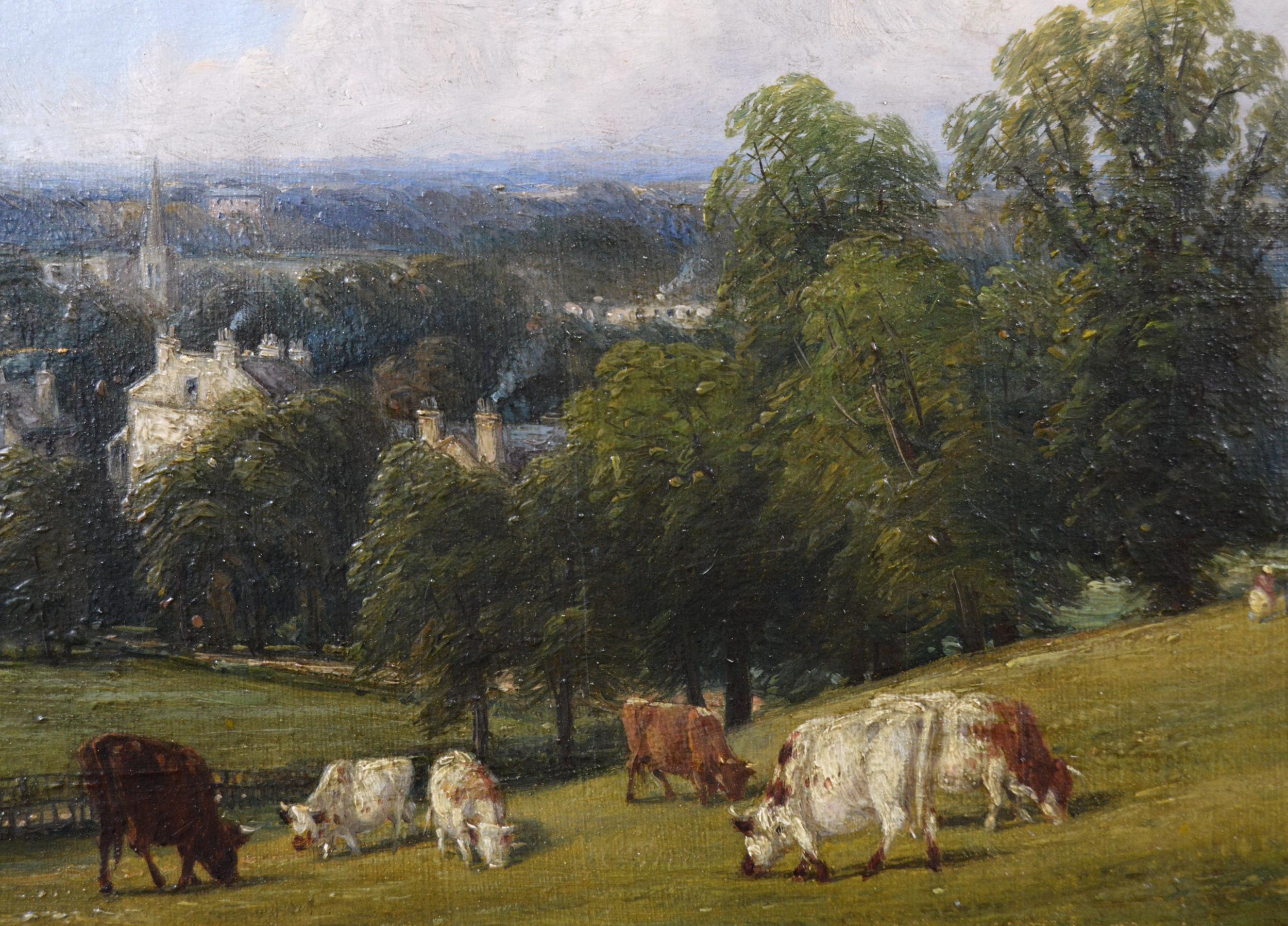 Peinture à l'huile du 19e siècle représentant un paysage à l'huile représentant du bétail sur une colline - Victorien Painting par Thomas Baker of Leamington