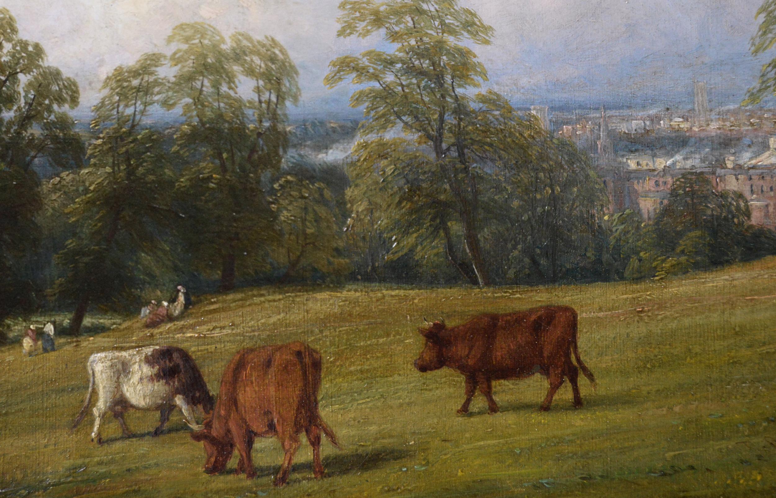 Peinture à l'huile du 19e siècle représentant un paysage à l'huile représentant du bétail sur une colline - Marron Landscape Painting par Thomas Baker of Leamington
