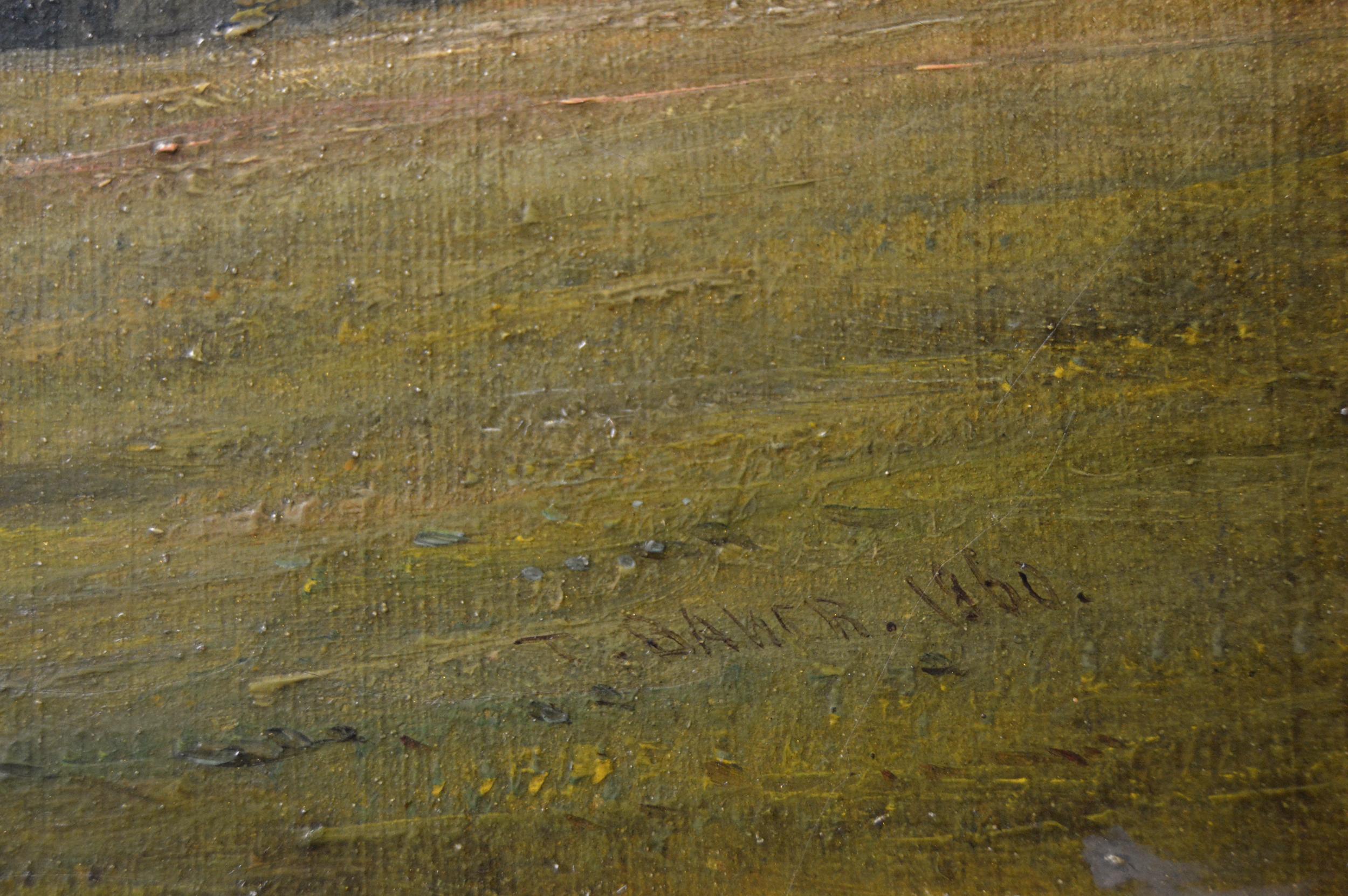 Peinture à l'huile du 19e siècle représentant un paysage à l'huile représentant du bétail sur une colline 1