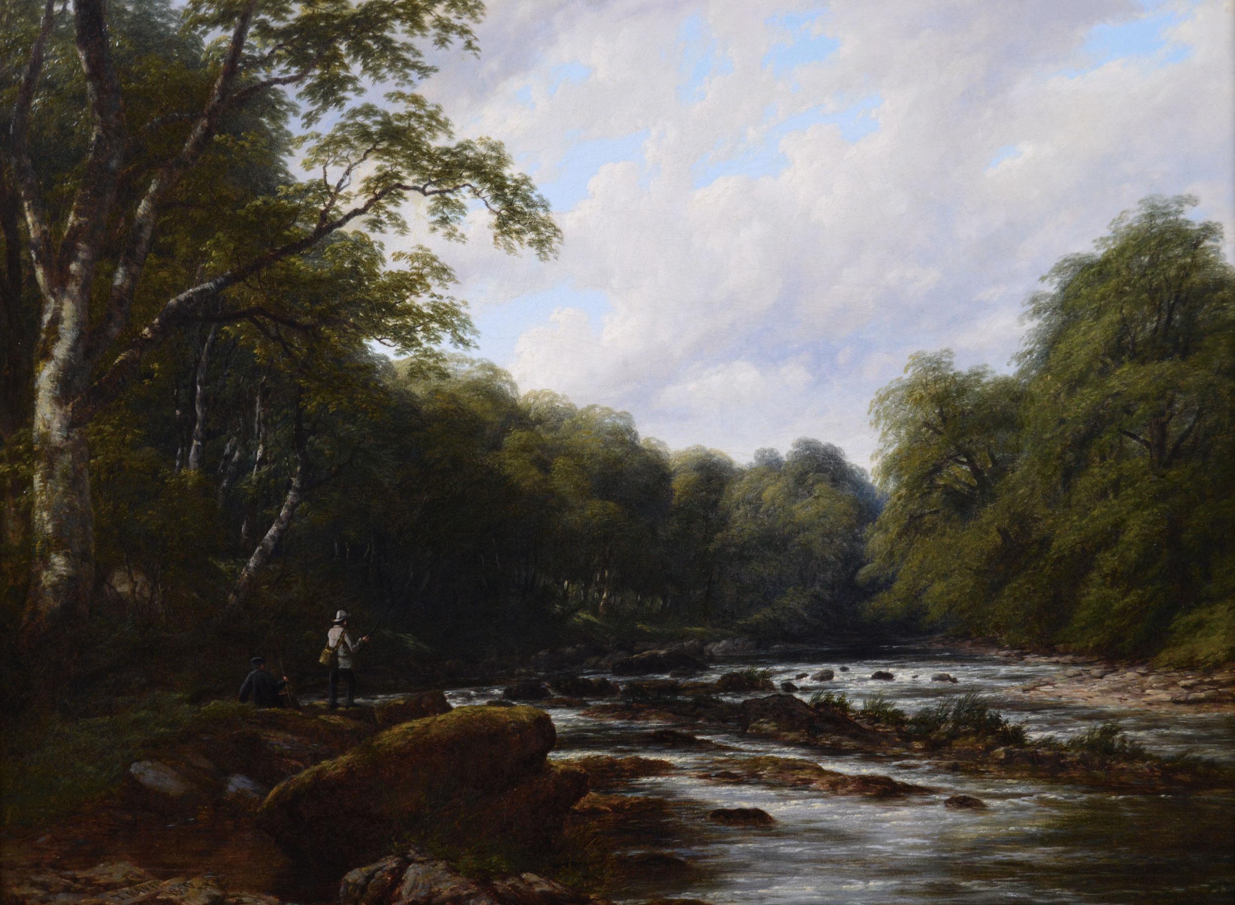Paysage à l'huile du 19e siècle représentant la pêche sur la rivière Usk près de Brecon - Painting de Thomas Baker of Leamington