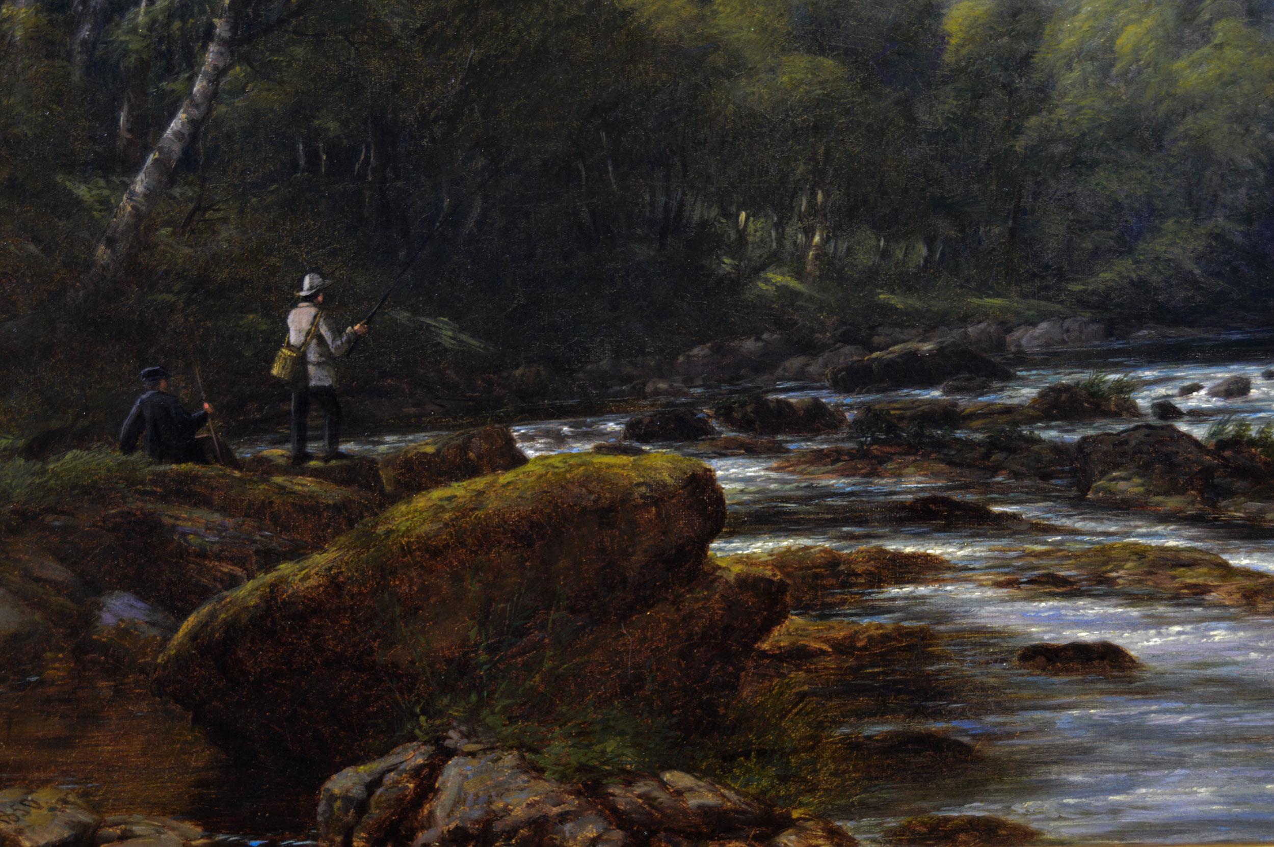 Paysage à l'huile du 19e siècle représentant la pêche sur la rivière Usk près de Brecon - Victorien Painting par Thomas Baker of Leamington