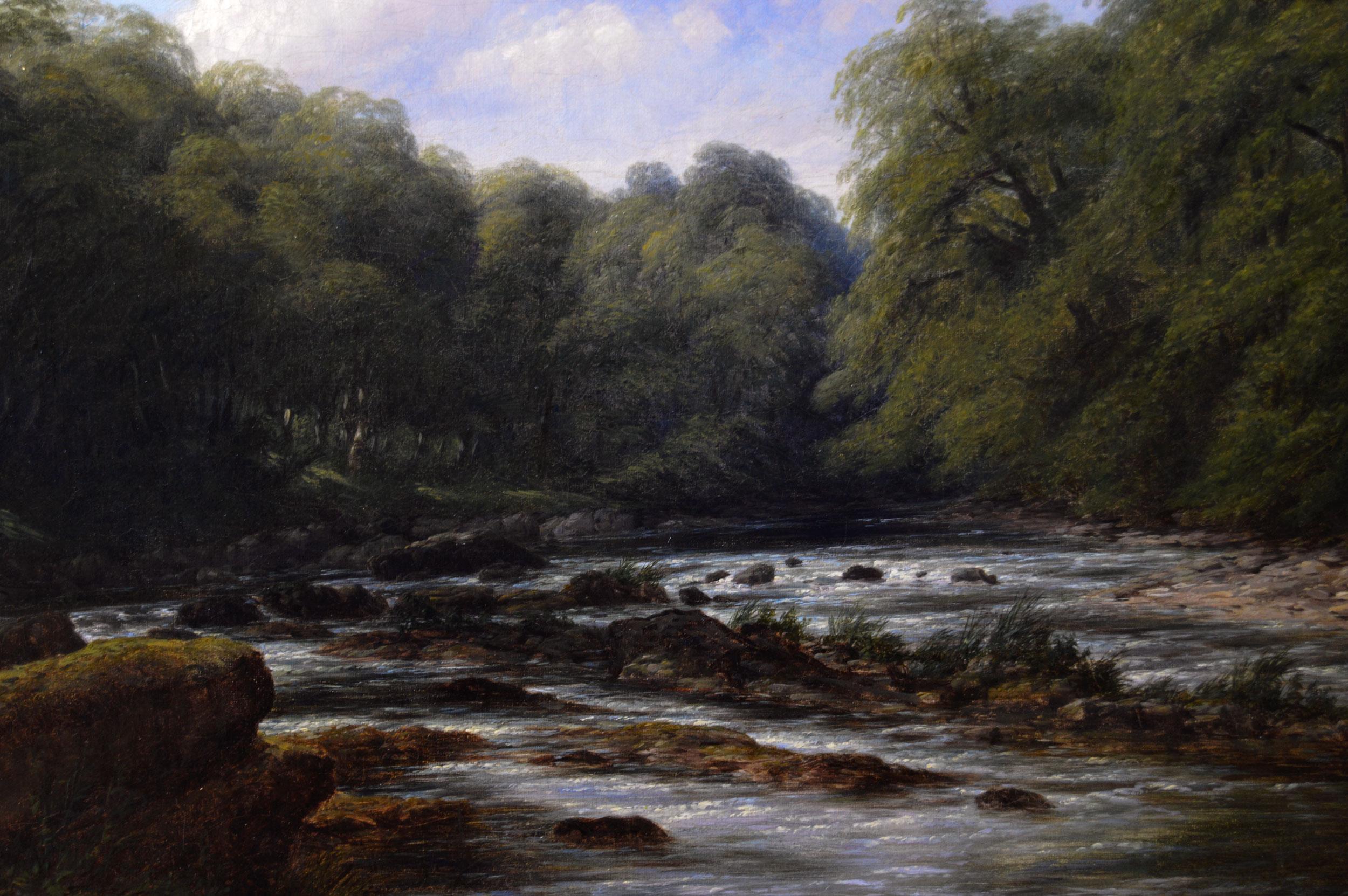 Paysage à l'huile du 19e siècle représentant la pêche sur la rivière Usk près de Brecon - Marron Landscape Painting par Thomas Baker of Leamington