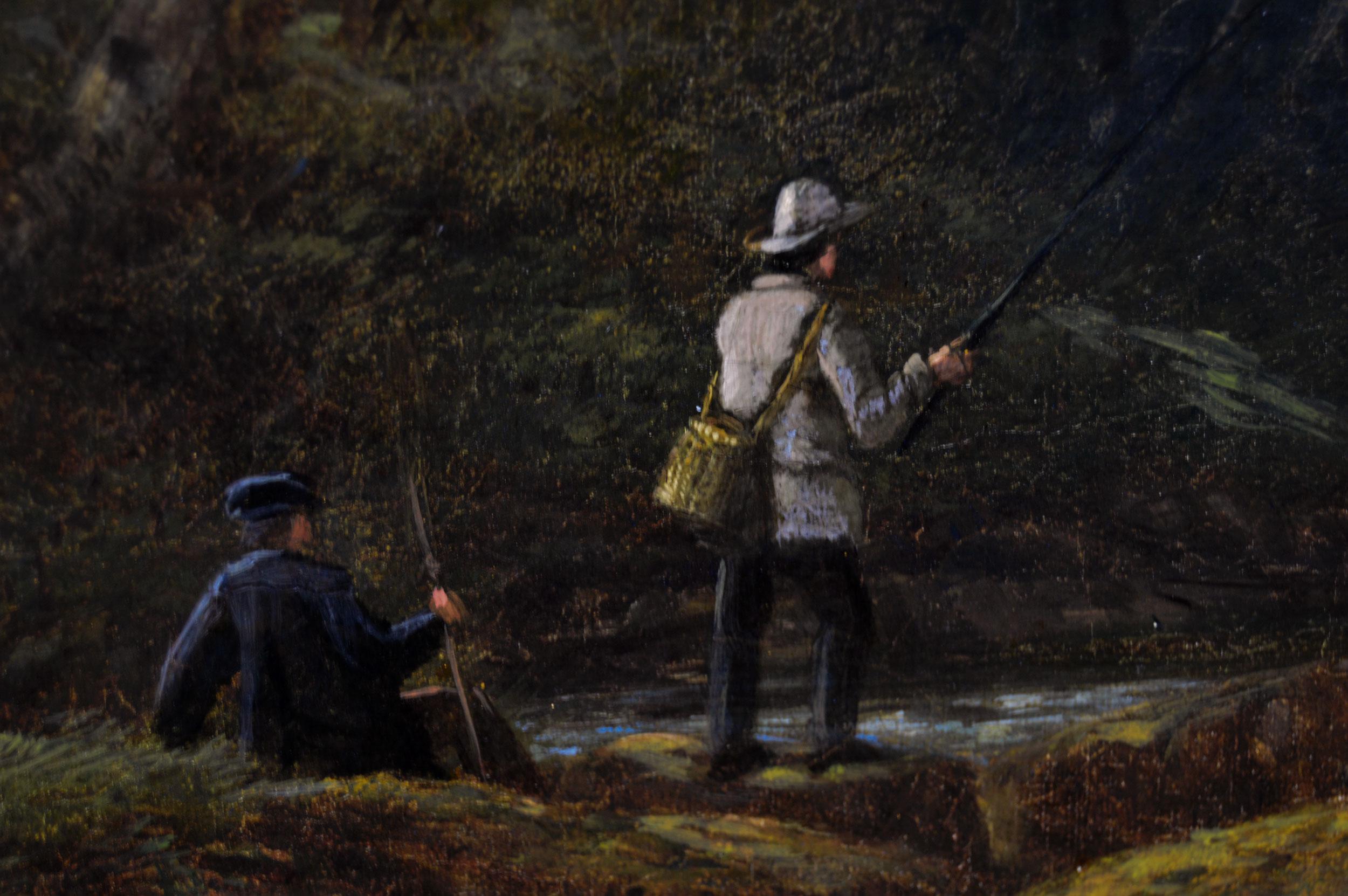 19th Century landscape oil painting of fishing on the River Usk near Brecon - Victorian Painting by Thomas Baker of Leamington