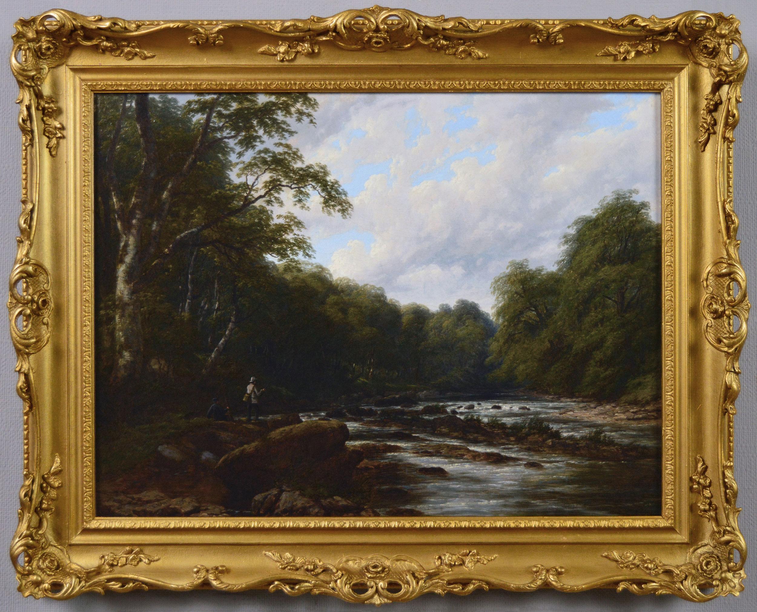 Thomas Baker of Leamington Landscape Painting - 19th Century landscape oil painting of fishing on the River Usk near Brecon