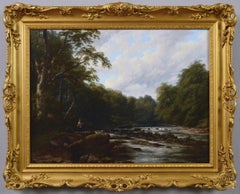 19th Century landscape oil painting of fishing on the River Usk near Brecon