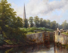 19th Century river landscape oil painting of figures by a lock on the Avon