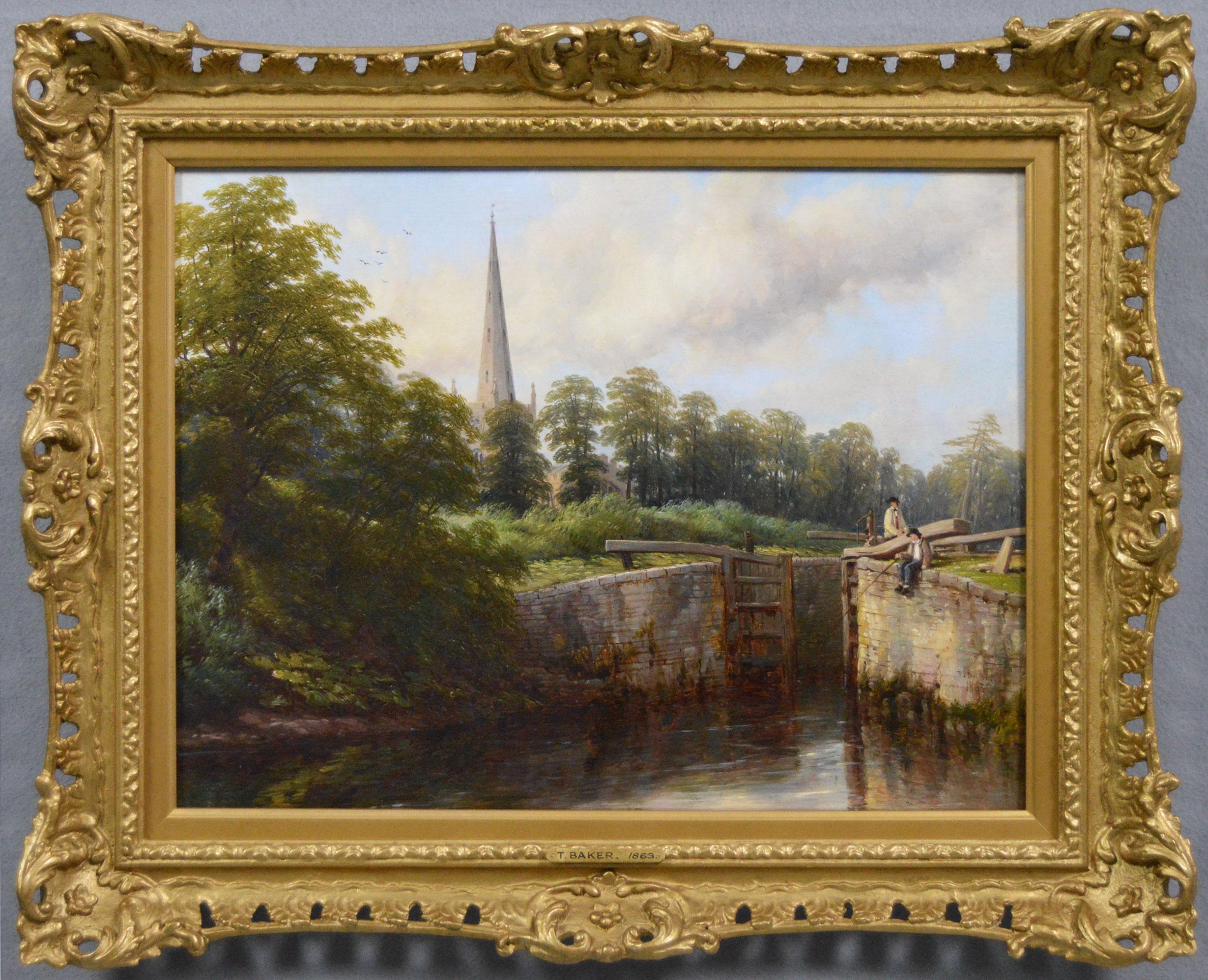 Thomas Baker of Leamington Landscape Painting - 19th Century river landscape oil painting of figures by a lock on the Avon