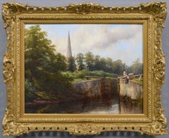 19th Century river landscape oil painting of figures by a lock on the Avon