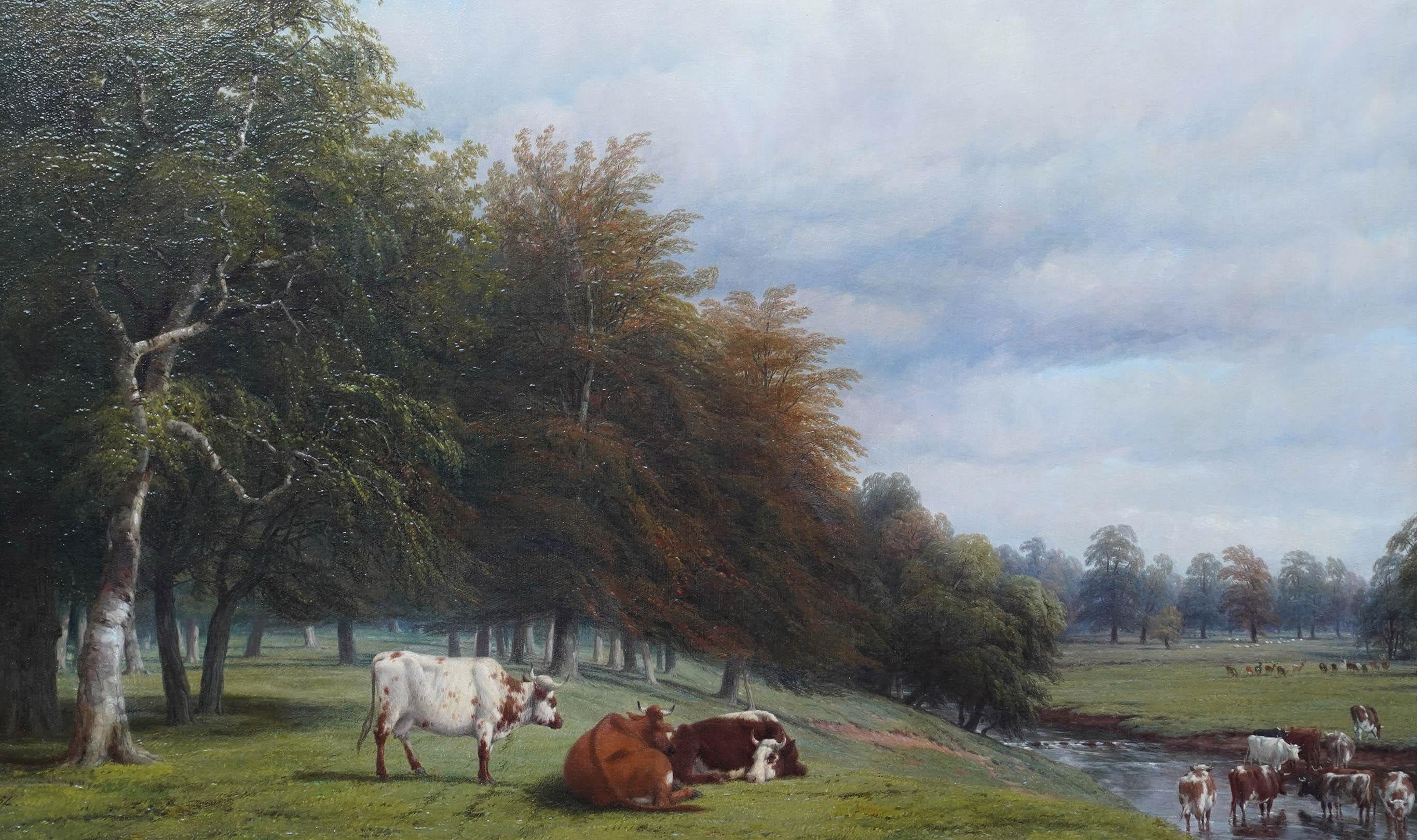 Cattle Grazing in a Wooded Landscape - British Victorian art oil painting - Painting by Thomas Baker of Leamington