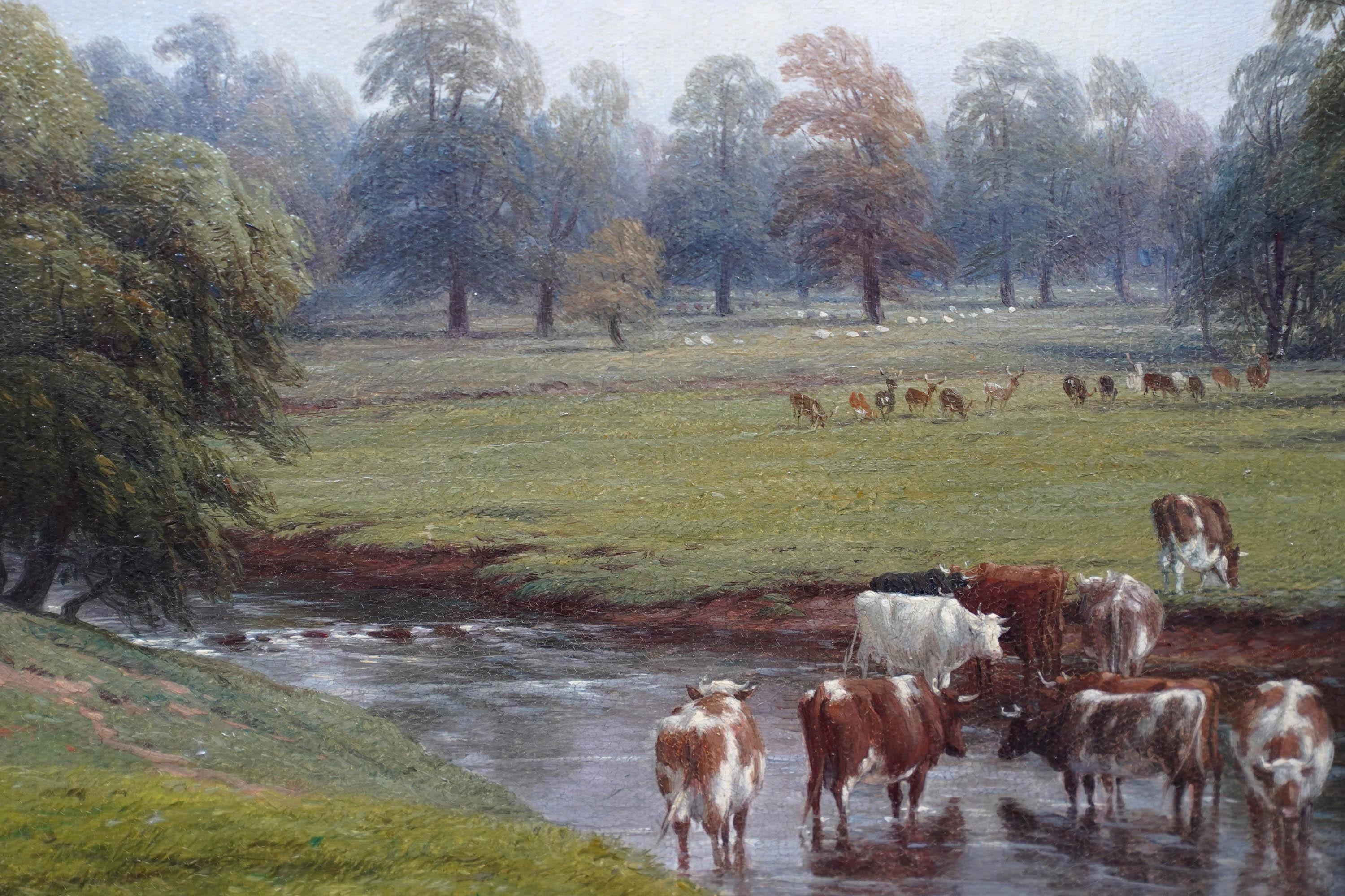 Cattle Grazing in a Wooded Landscape - British Victorian art oil painting For Sale 1