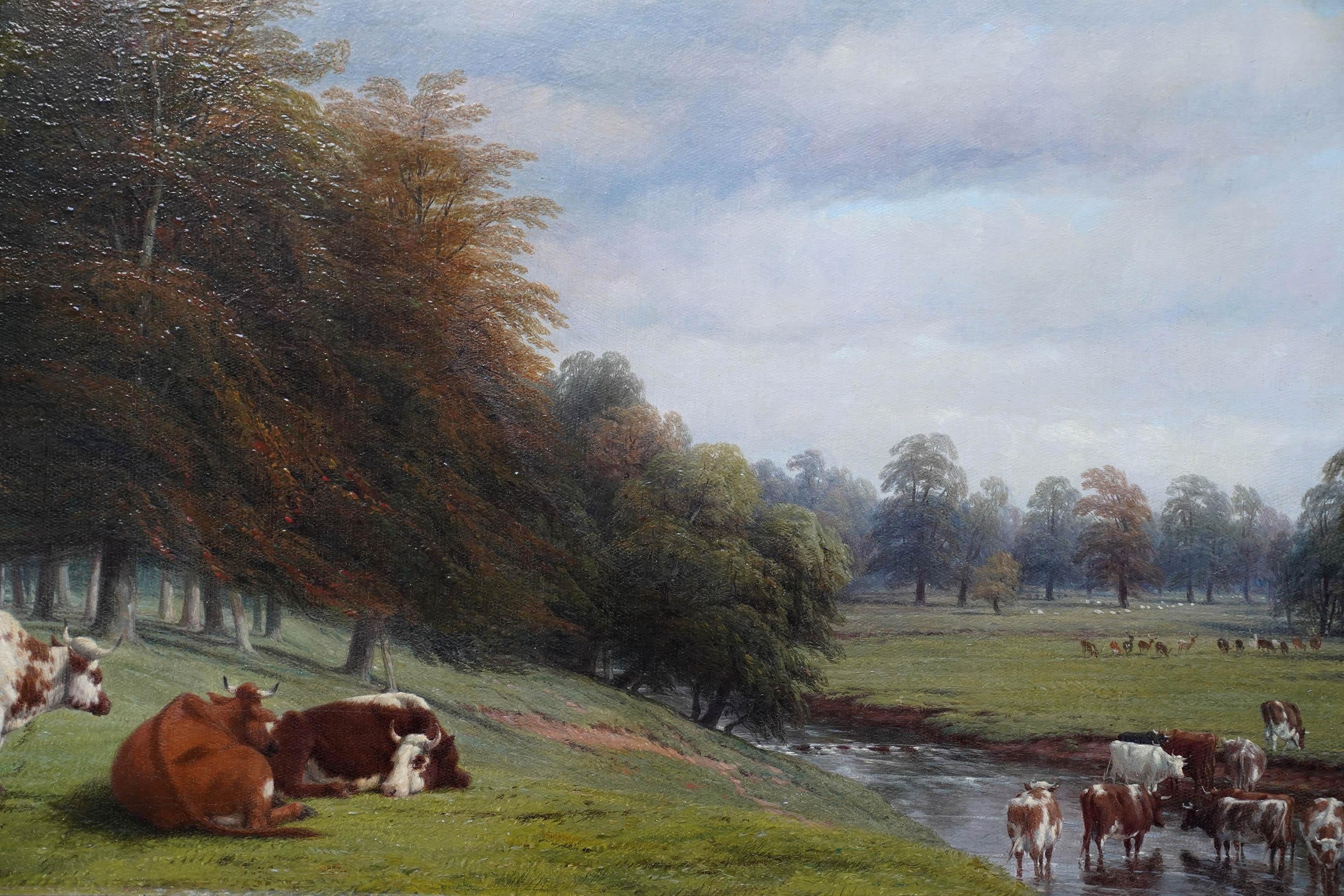 Cattle Grazing in a Wooded Landscape - British Victorian art oil painting For Sale 2
