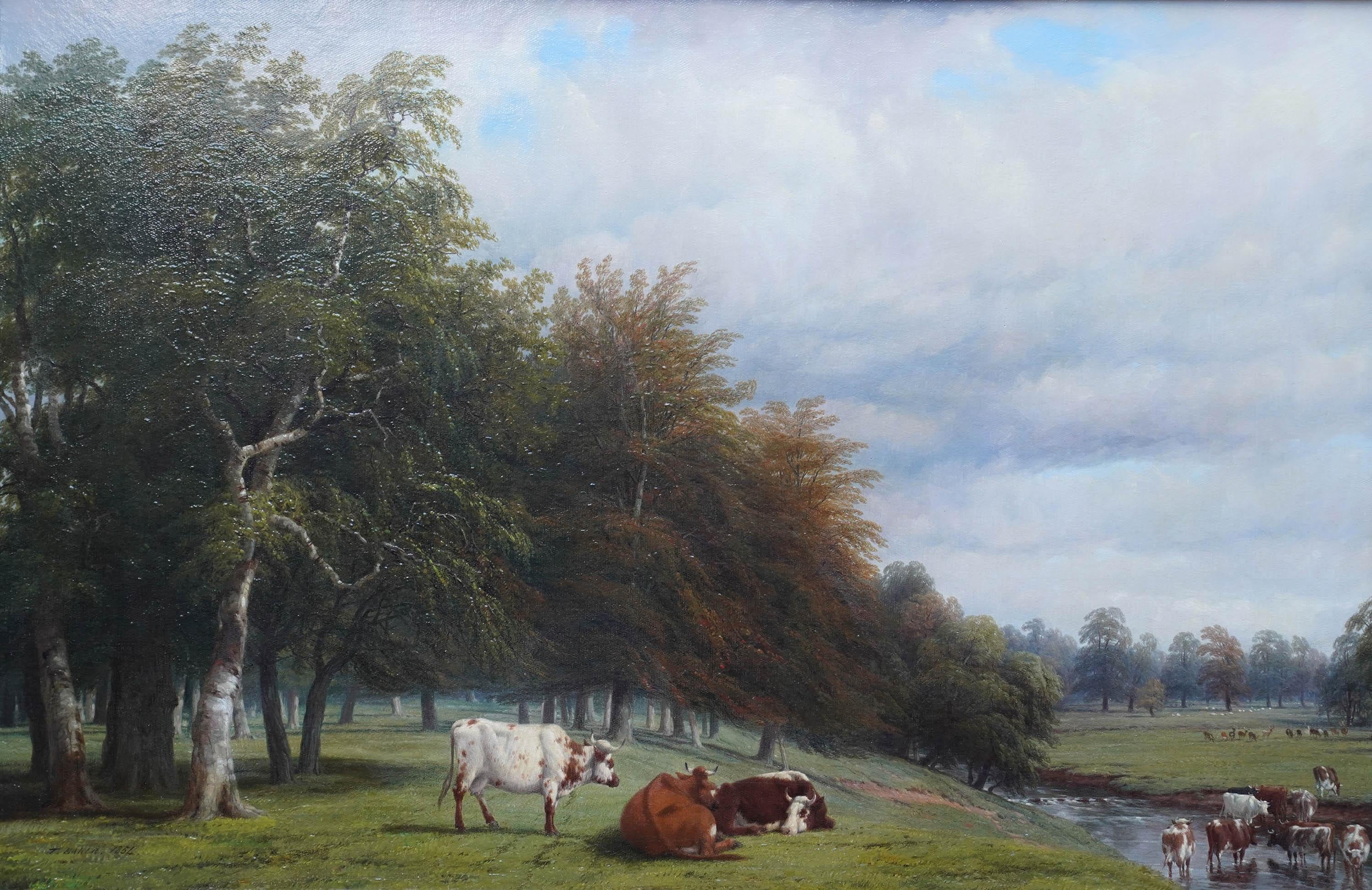 Rinder gratieren in einer bewaldeten Landschaft – britisches viktorianisches Ölgemälde