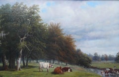 Cattle Grazing in a Wooded Landscape - British Victorian art oil painting