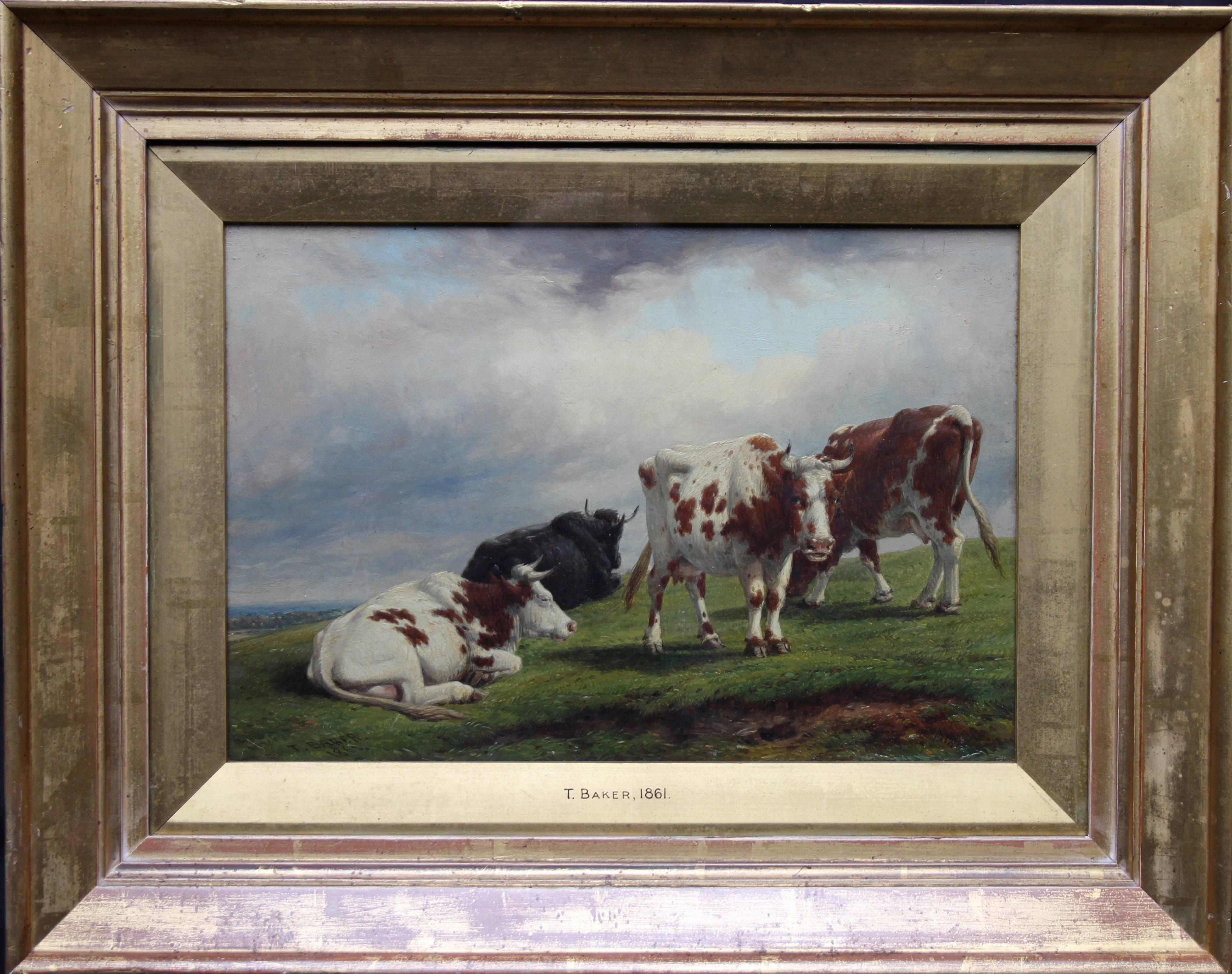 Deer Park Landscape with Cattle - British art mid 19th century oil painting 