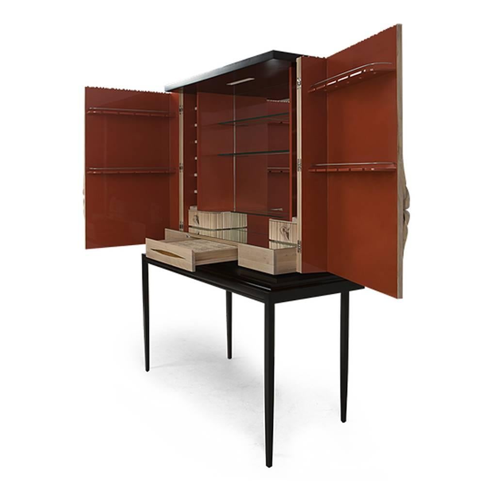 Contemporary Thomas Bar in Solid Mahogany Wood and Coral Lacquered Inside For Sale