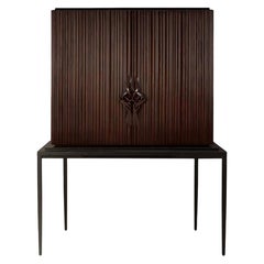 Thomas Bar in Solid Mahogany Wood and Coral Lacquered Inside