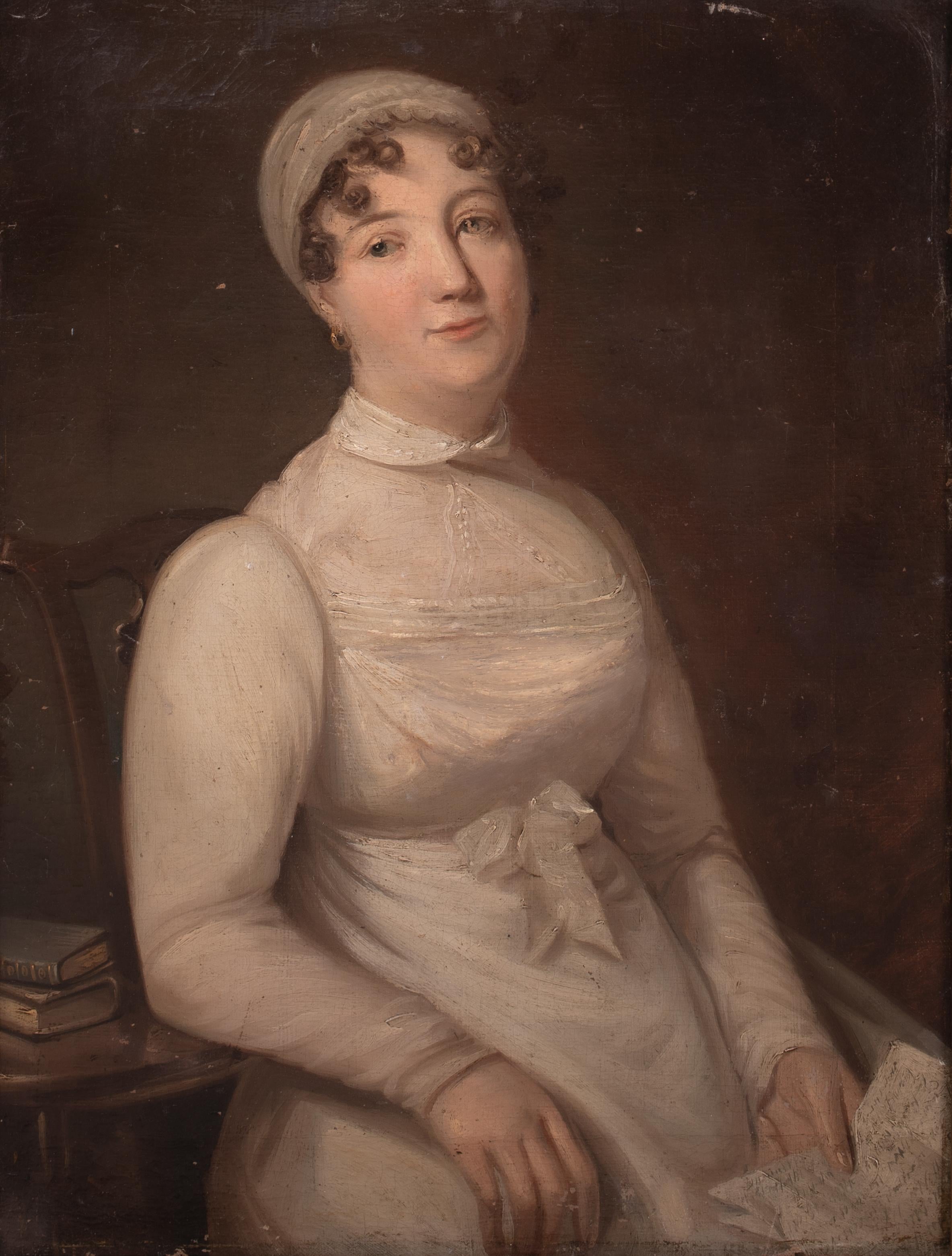 Portrait d'Anna Maria Porter, début du 19e siècle  Attribué à THOMAS BARBER - Marron Portrait Painting par Thomas Barber