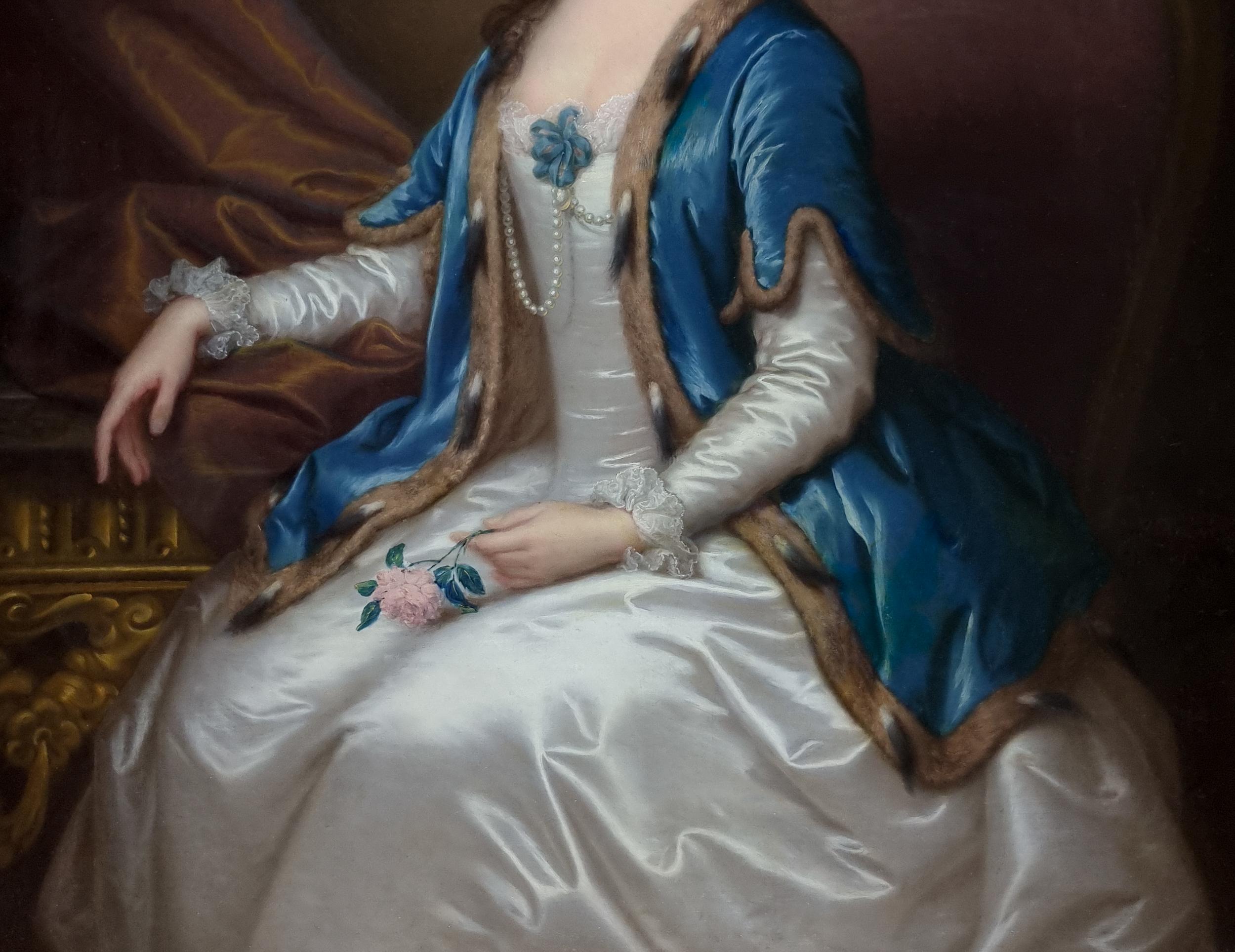 Portrait of Mrs William Acton, White Dress & Blue Cape c.1740 Signed painting 5