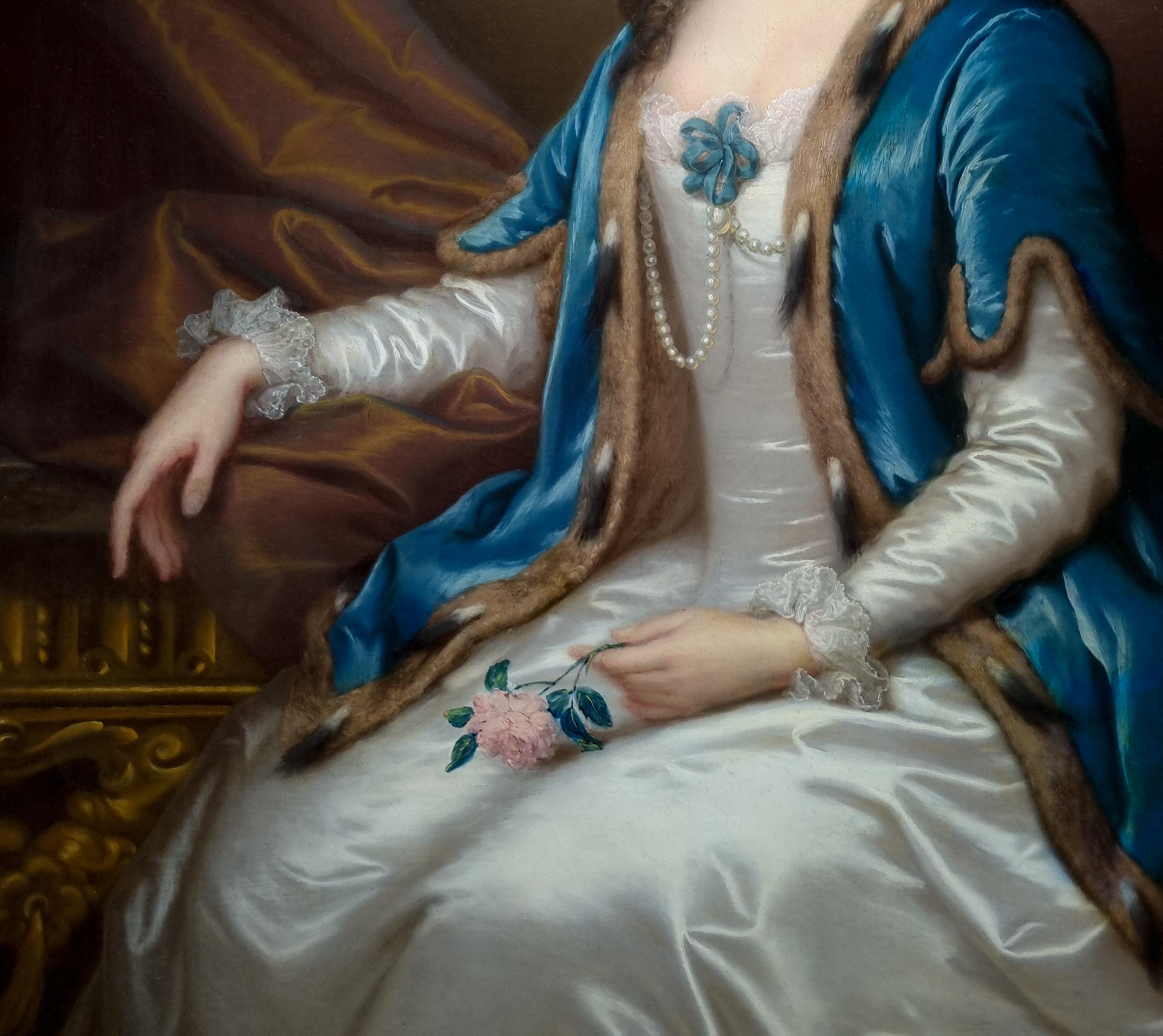Portrait of Mrs William Acton, White Dress & Blue Cape c.1740 Signed painting 7