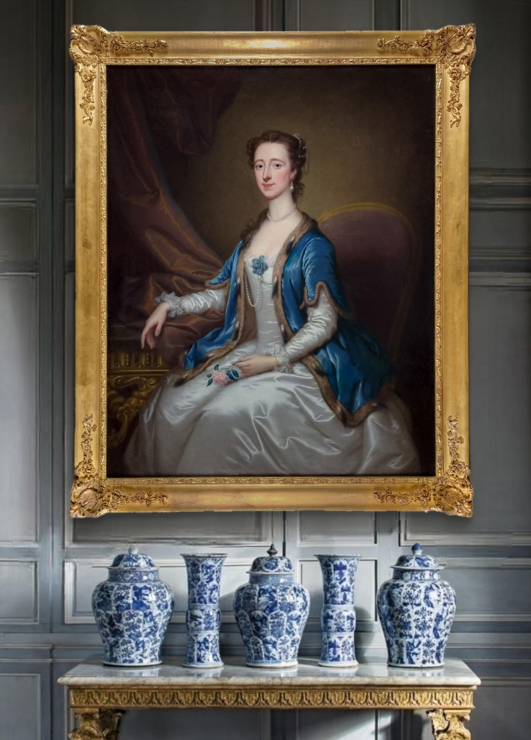 Portrait of Mrs William Acton, White Dress & Blue Cape c.1740 Signed painting - Painting by Thomas Bardwell