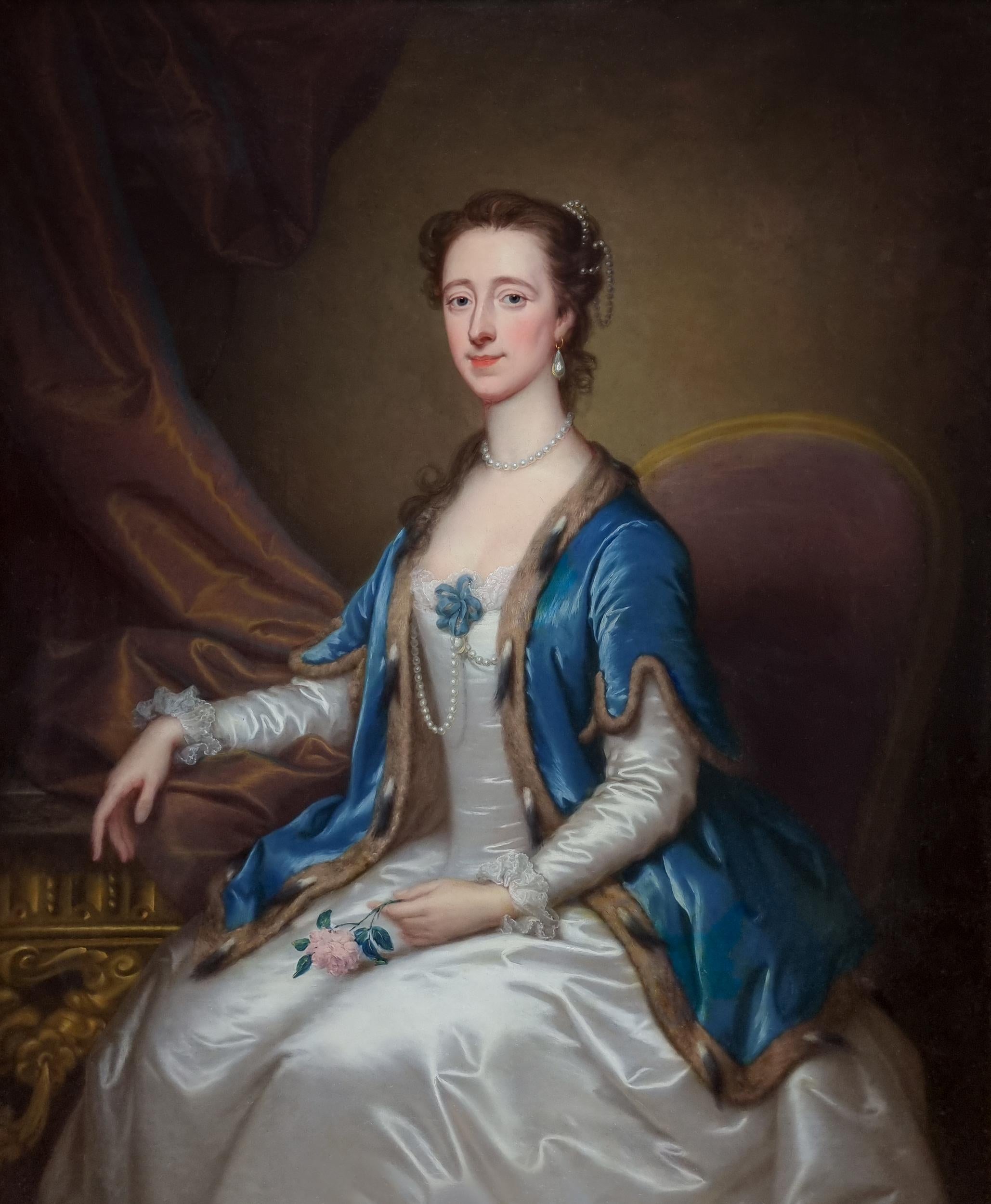 Portrait of Mrs William Acton, White Dress & Blue Cape c.1740 Signed painting 2